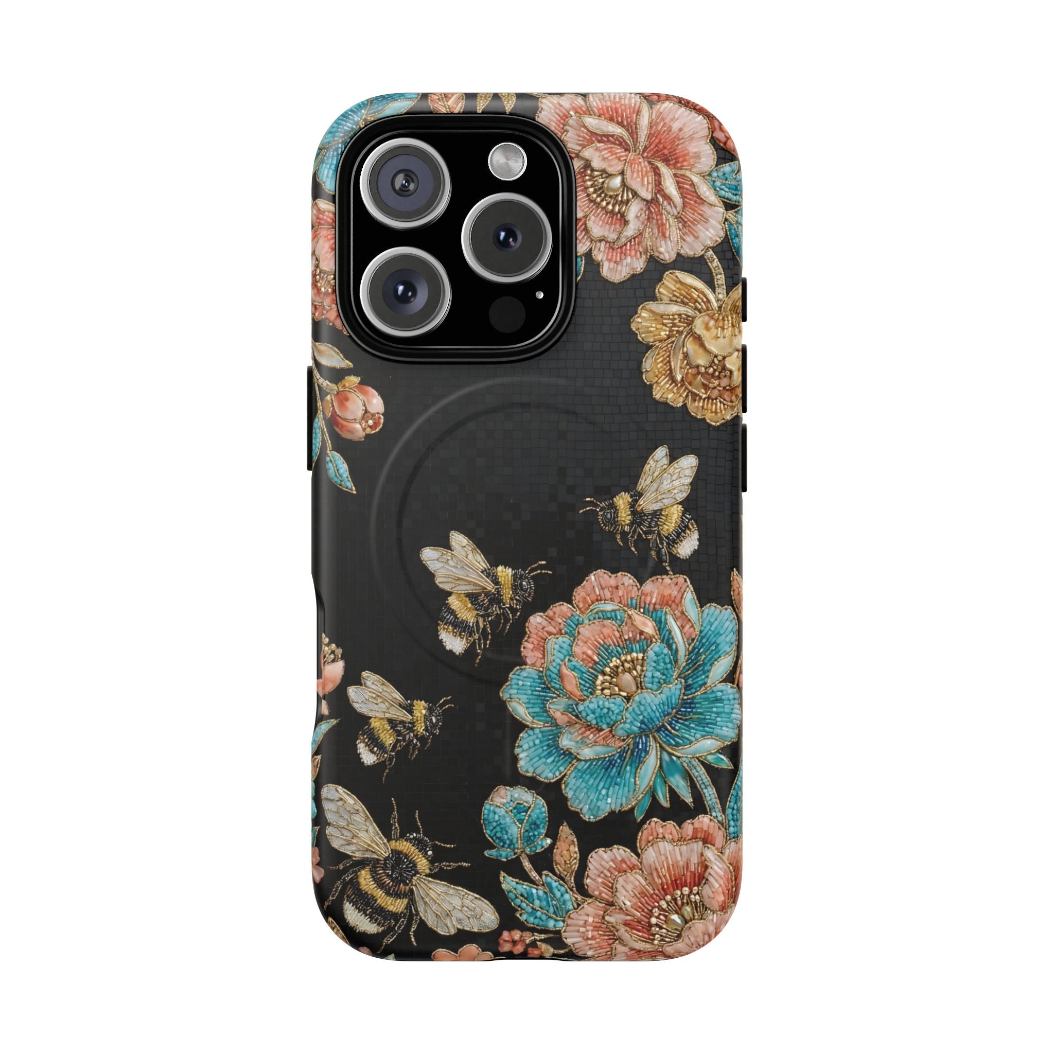 Floral Bees Tough MagSafe iPhone Case | Vintage Rose & Bumblebee Protective Cover