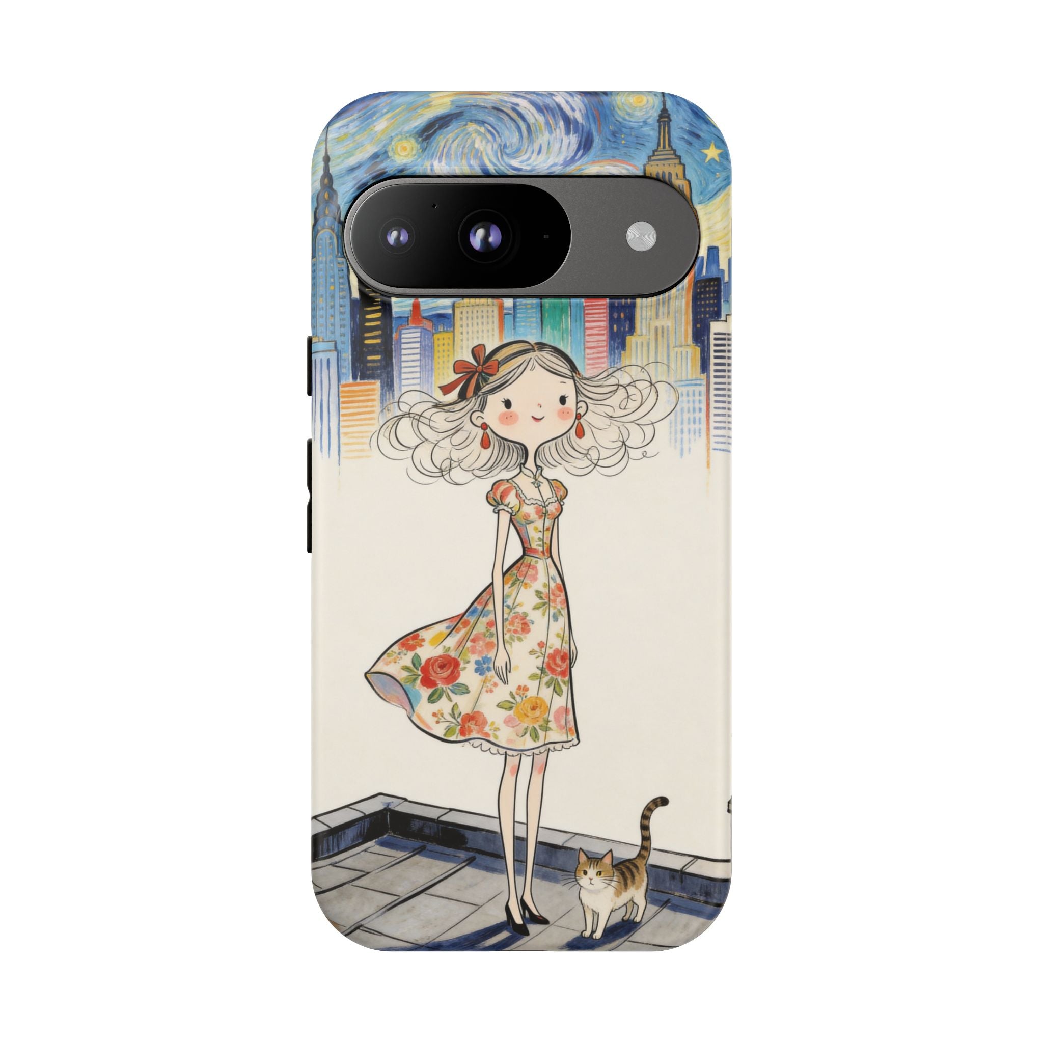 Artistic Girl Cityscape Google Pixel Phone Case | Cute Floral Dress Rooftop Design