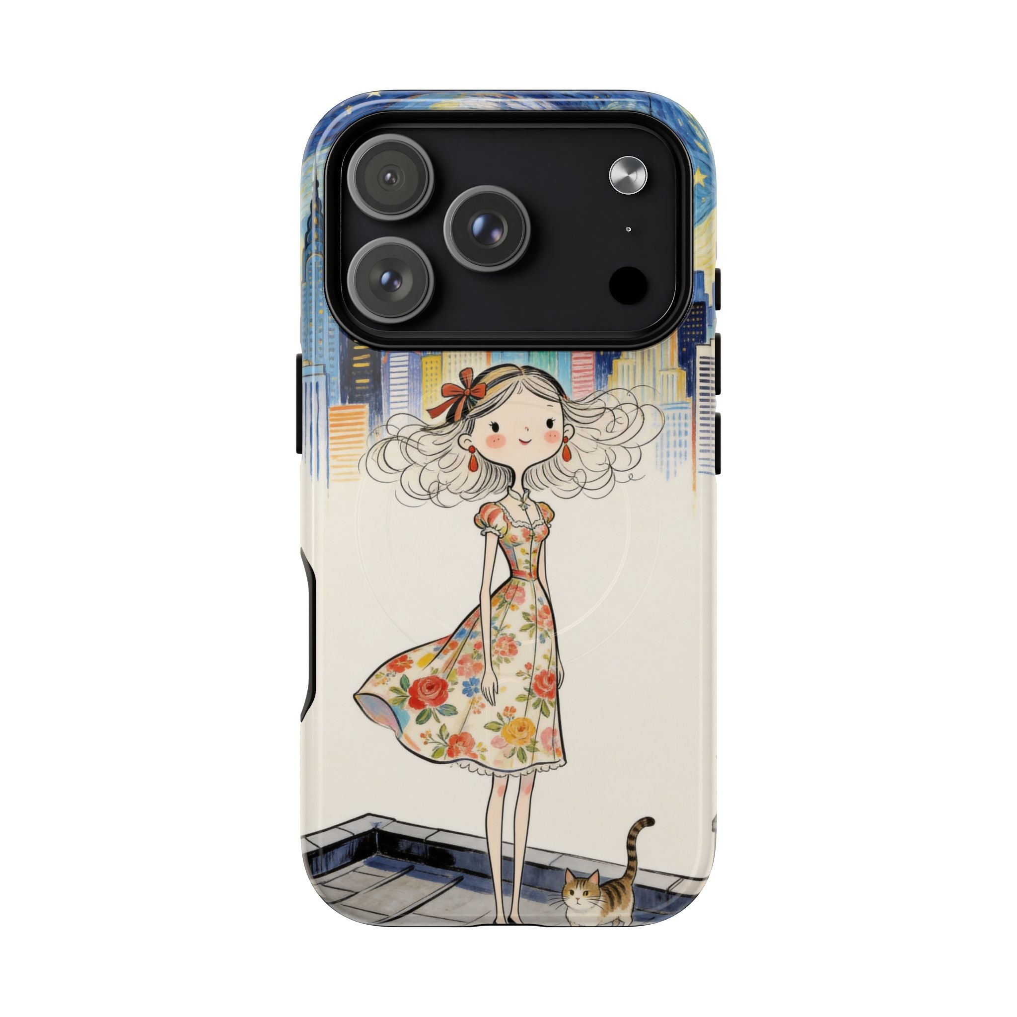 Artistic Girl Cityscape MagSafe iPhone Case | Cute Floral Dress Rooftop Design