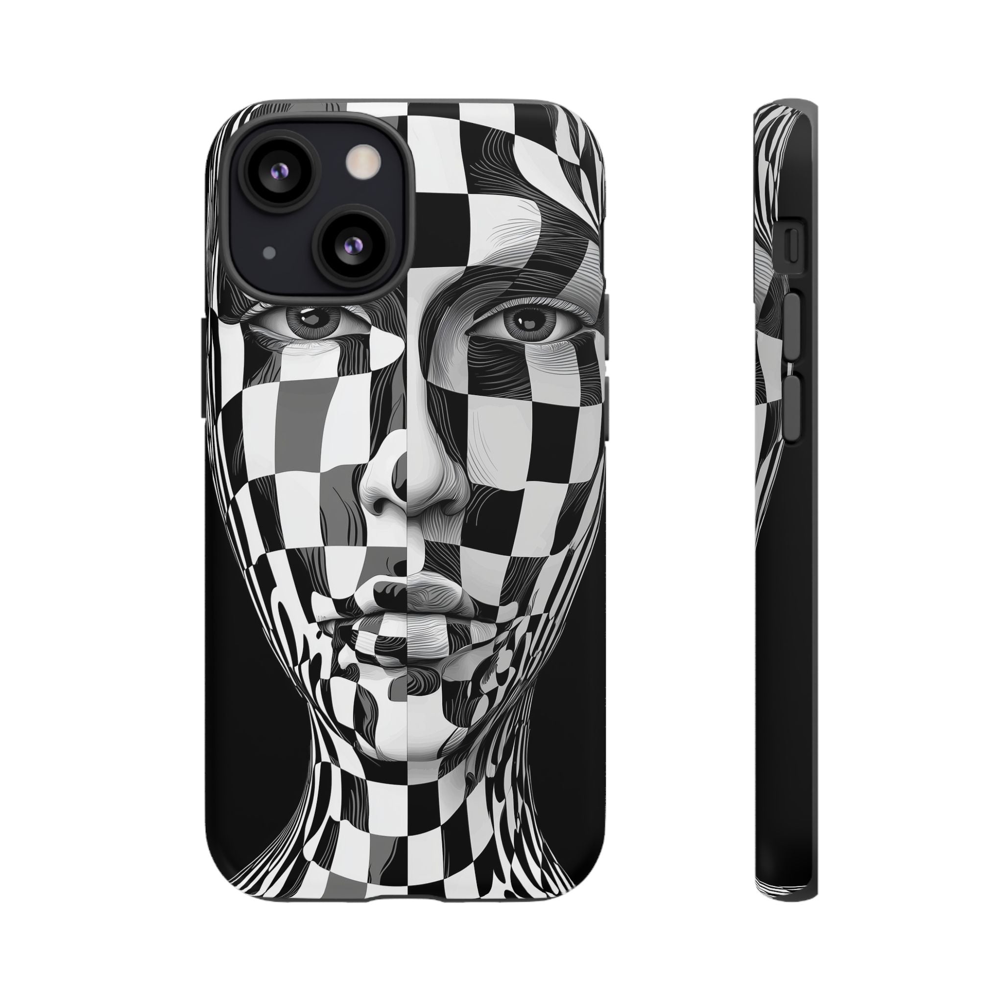 Checkerboard Face Tough iPhone Case — Black & White Surreal Art Protective Cover