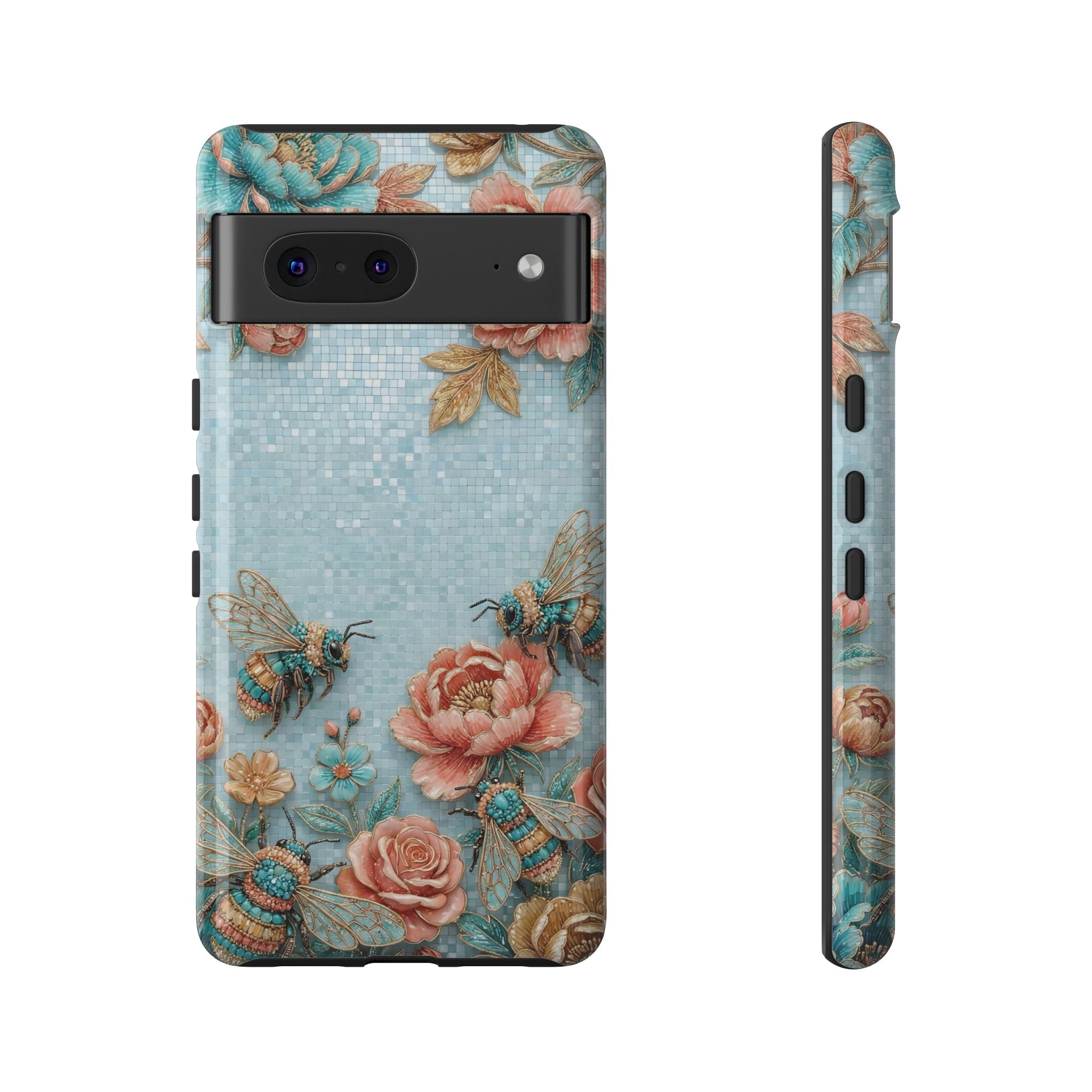 Floral Bees Google Pixel Phone Case | Vintage Rose & Turquoise Protective Cover