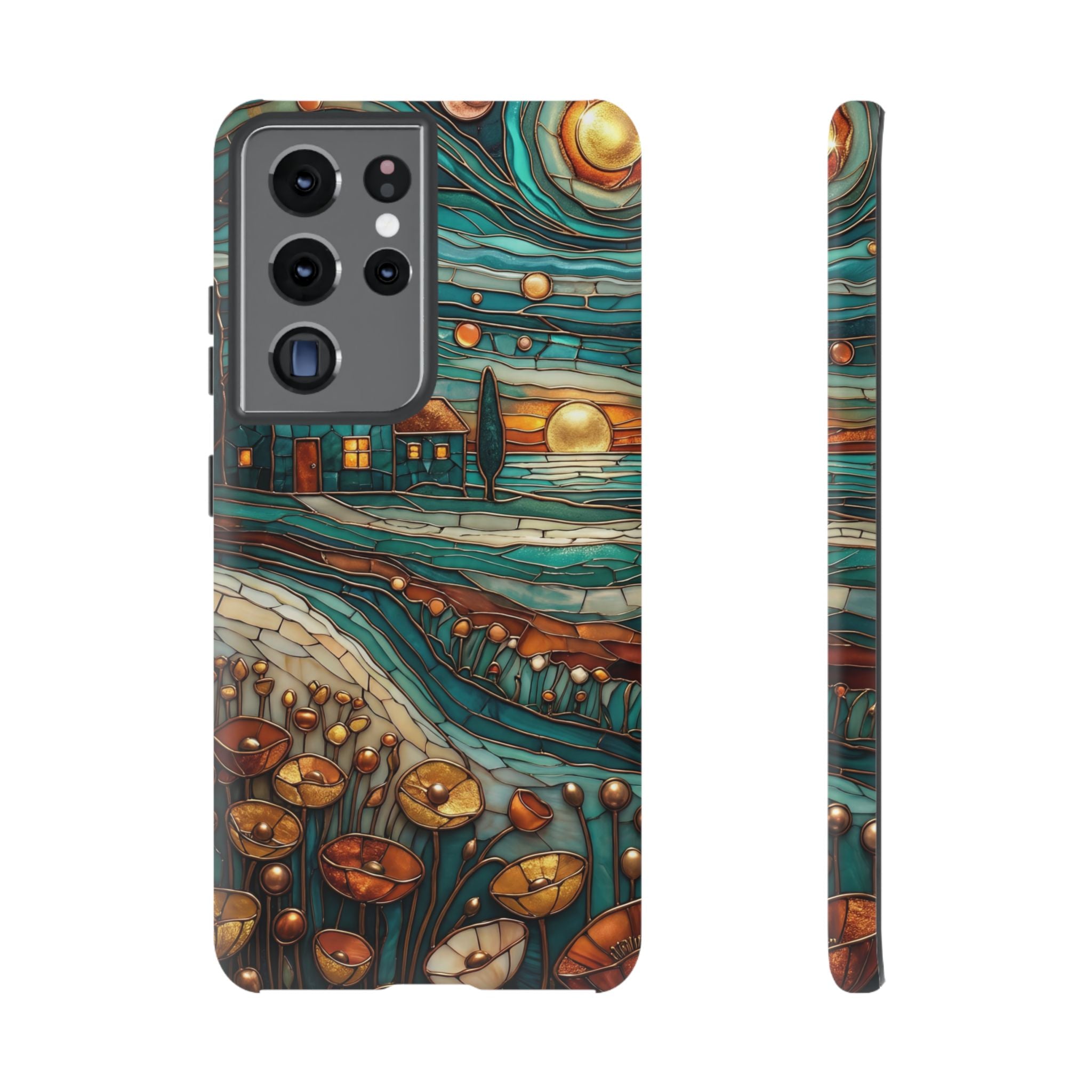 Artistic Sunset Cottage Samsung Galaxy Case | Whimsical Floral Landscape Protective Cover
