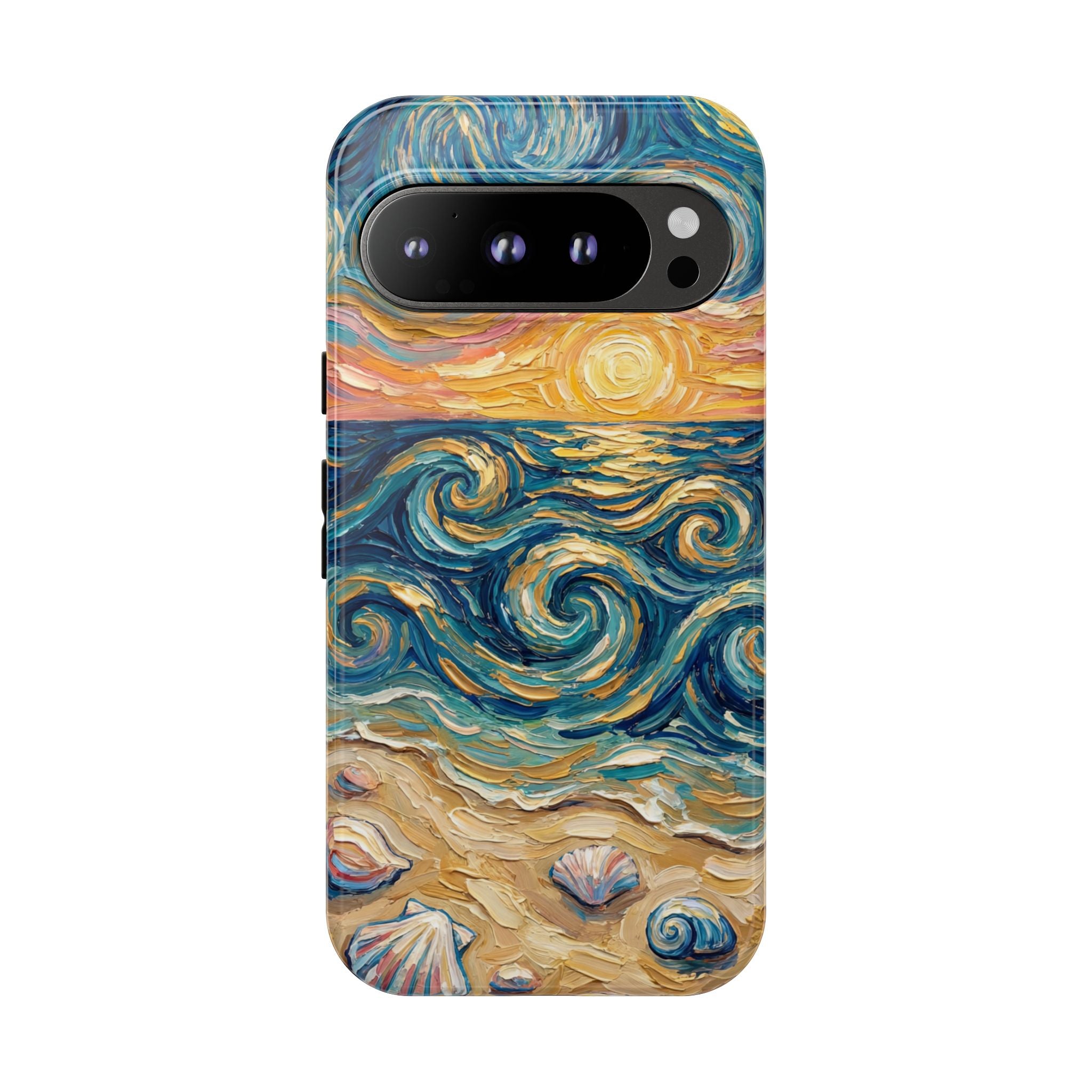 Sea Sunset Google Pixel Case — Van Gogh‑Style Beach Waves with Shells