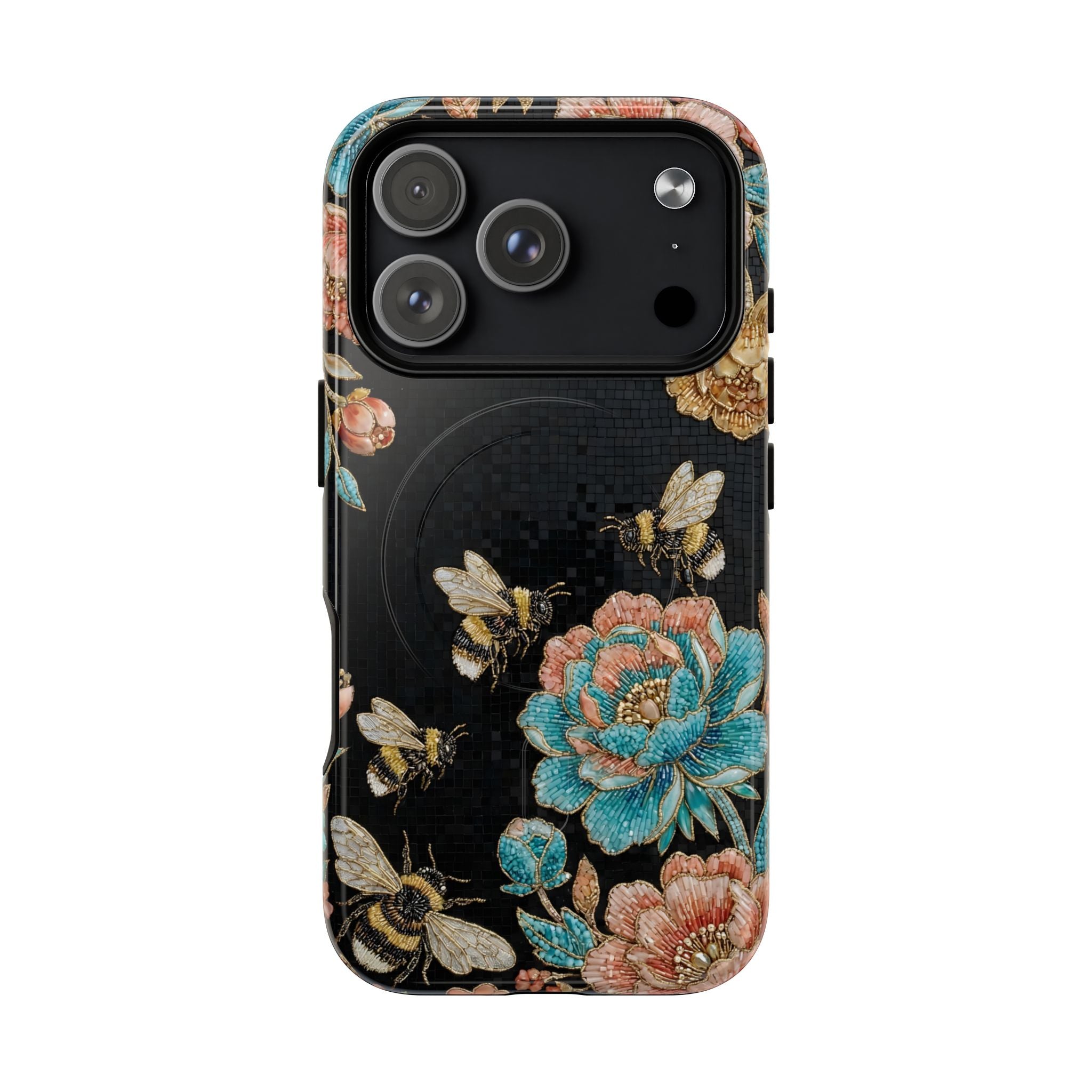 Floral Bees Tough MagSafe iPhone Case | Vintage Rose & Bumblebee Protective Cover