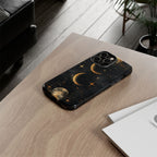 Celestial Moon Phases Tough iPhone Case | Gold Crescent & Full Moon Galaxy Design