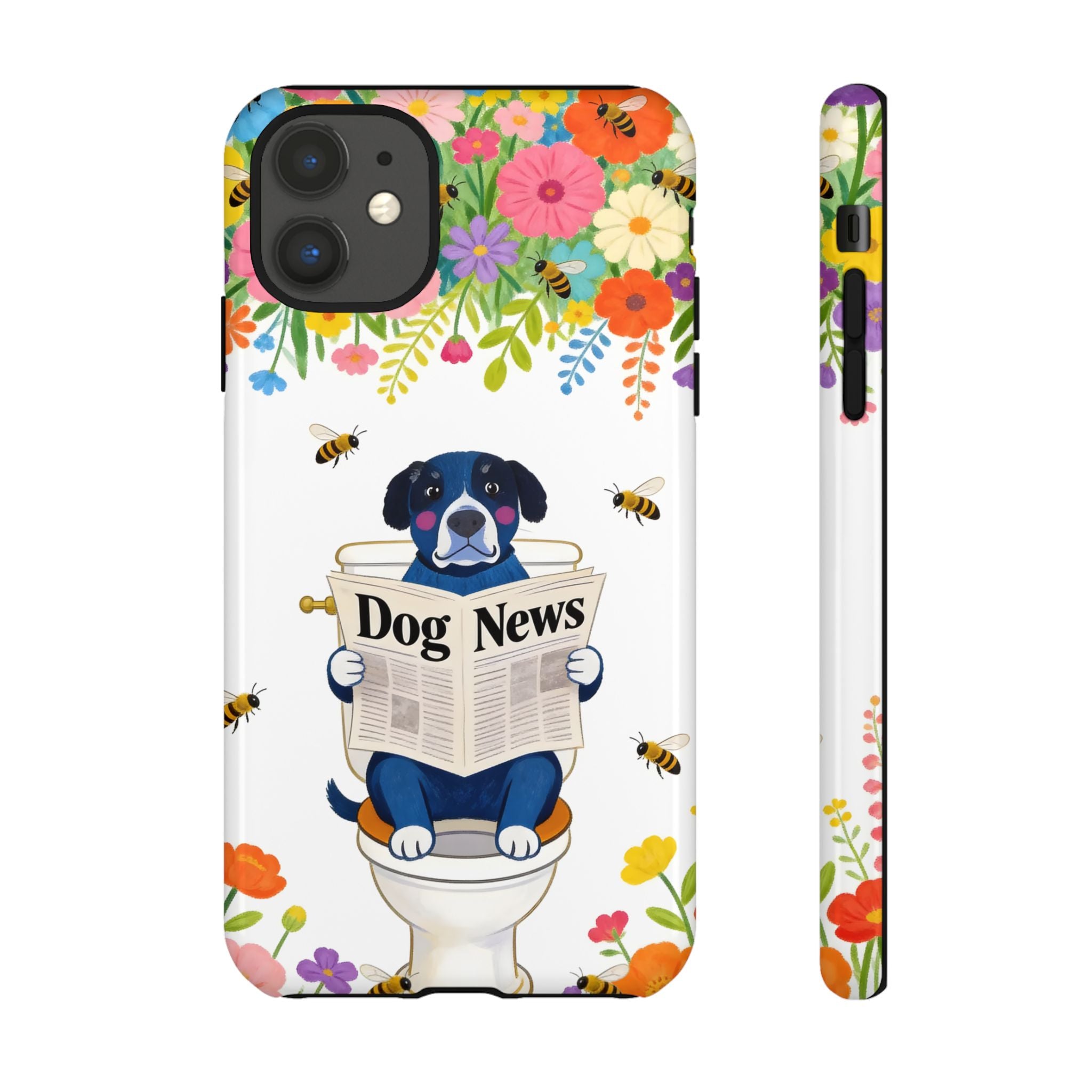Dog News Floral iPhone Case | Cute Dog on Toilet Pattern, Spring Floral iPhone Cover