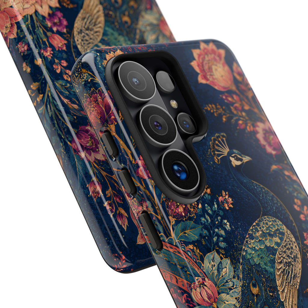 Peacock Floral Tough Samsung Galaxy Phone Case | Antique Indigo Gold Art Cover