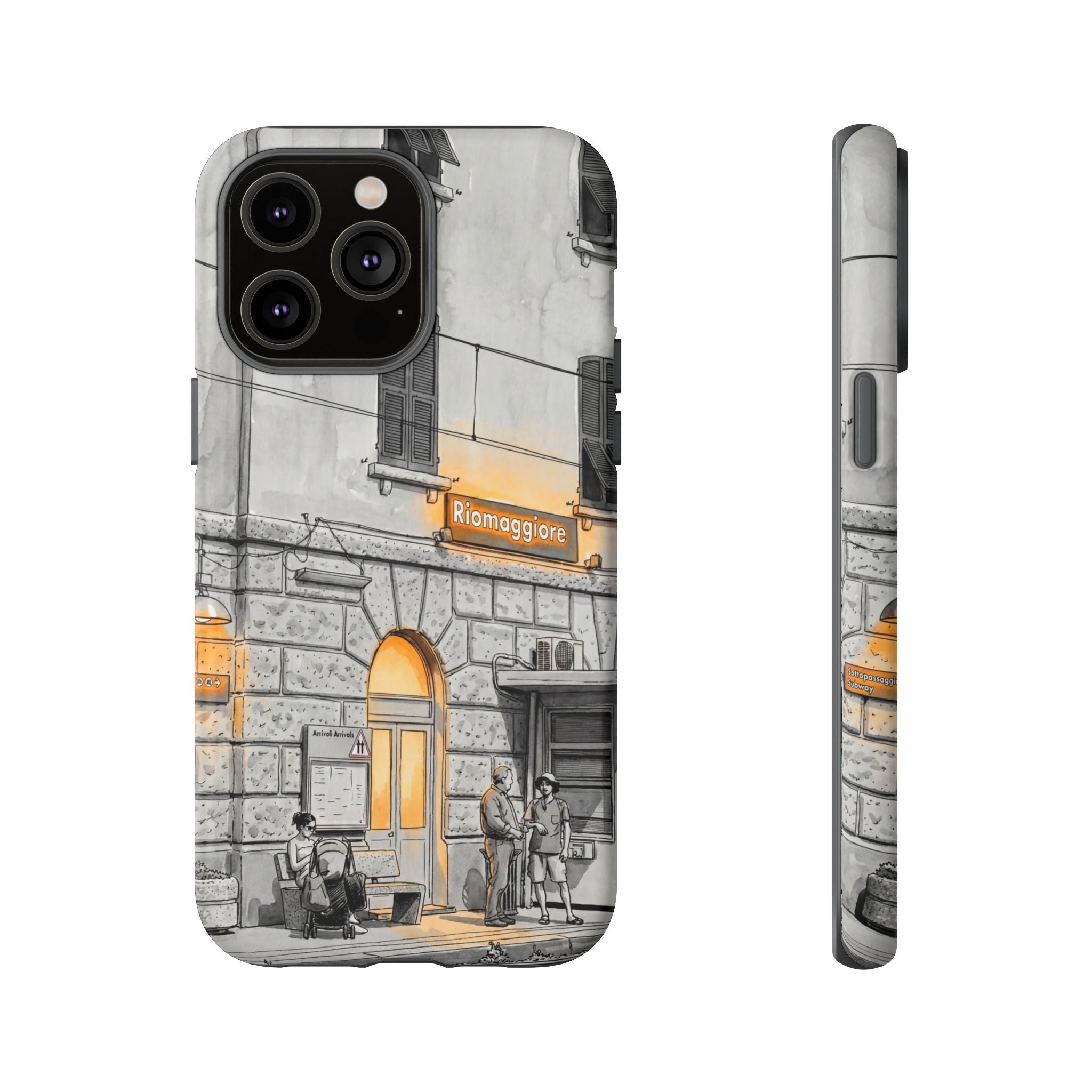 Cinque Terre Train Station iPhone Case | Black & White Sketch with Warm Yellow Accents