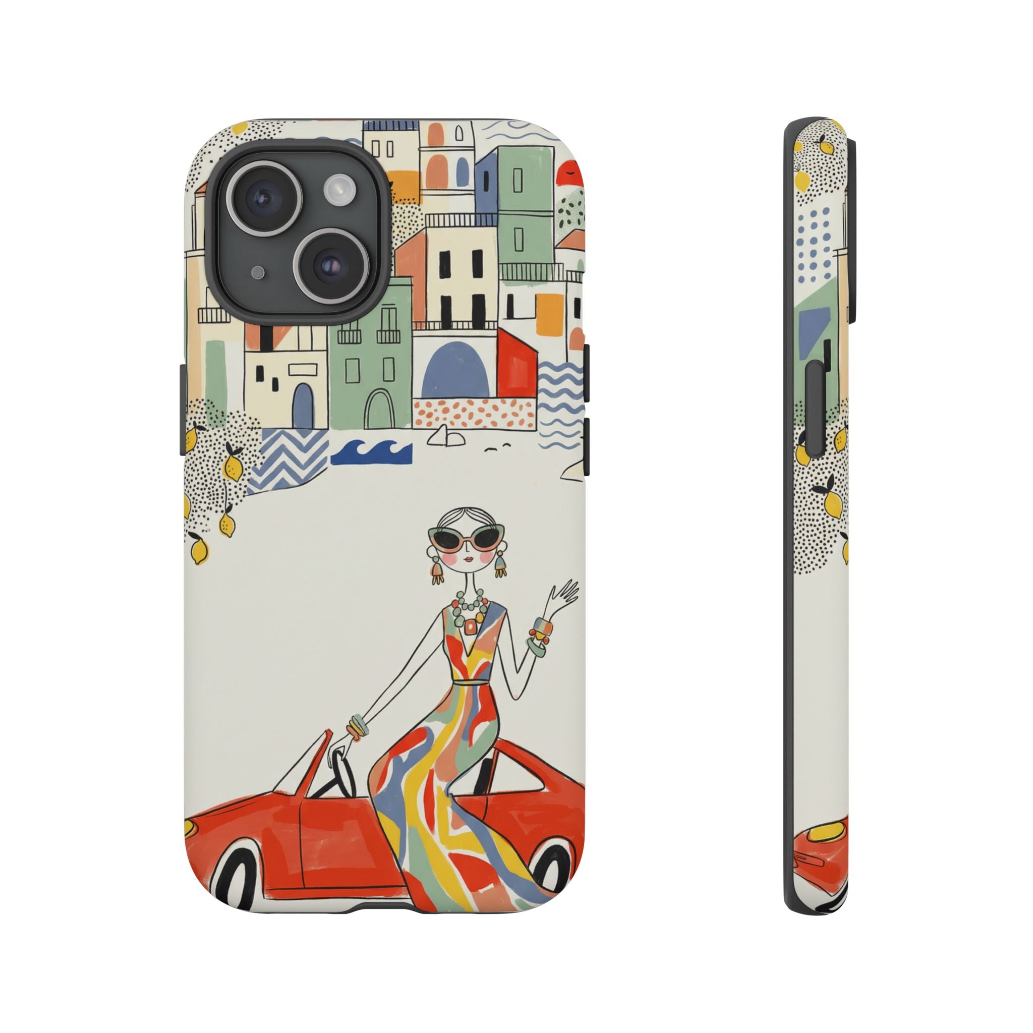Stylish Riviera iPhone Case | Chic Retro Woman in Convertible Design