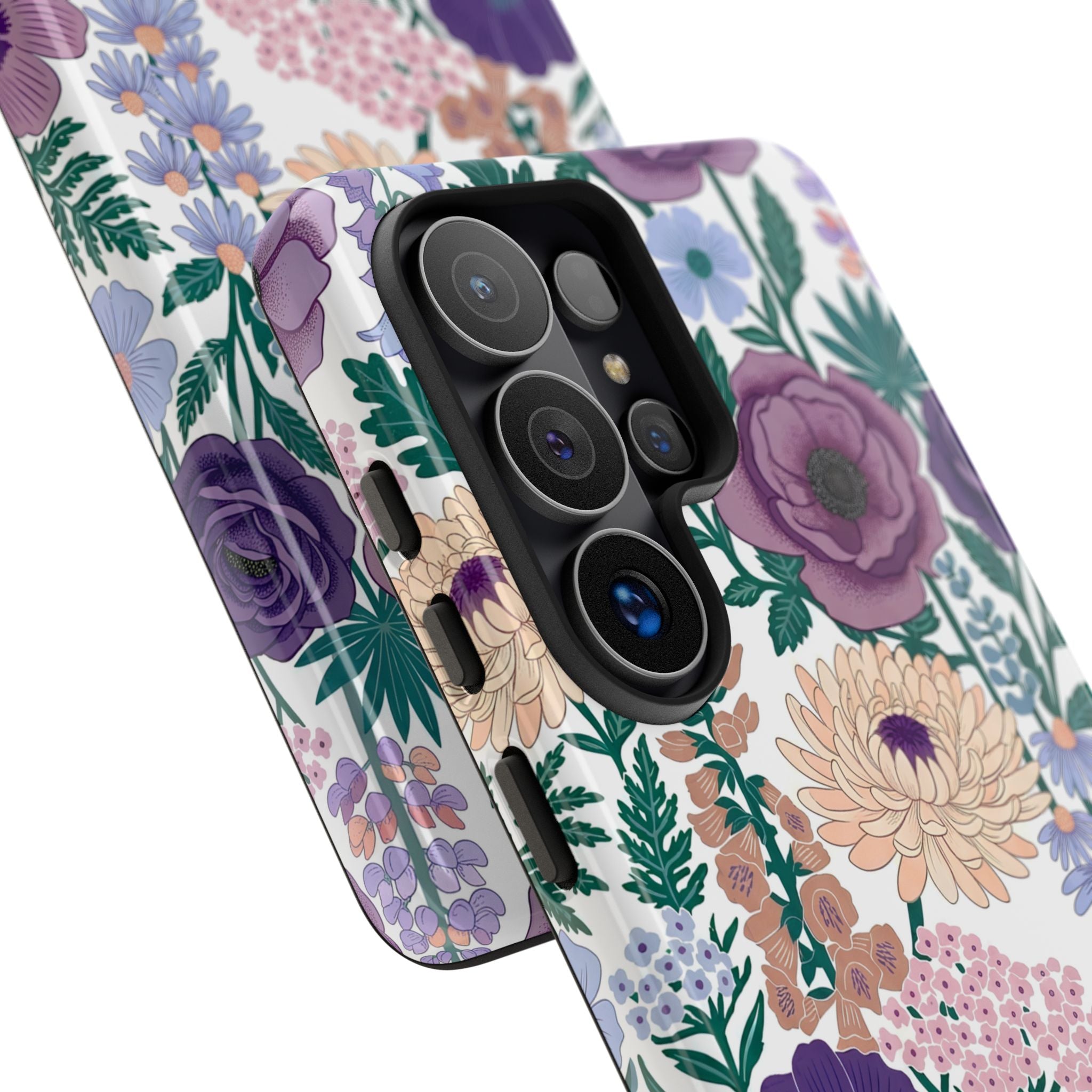 Floral Purple Garden Phone Case — Protective Phone Cover with Lavender & Peach Blooms
