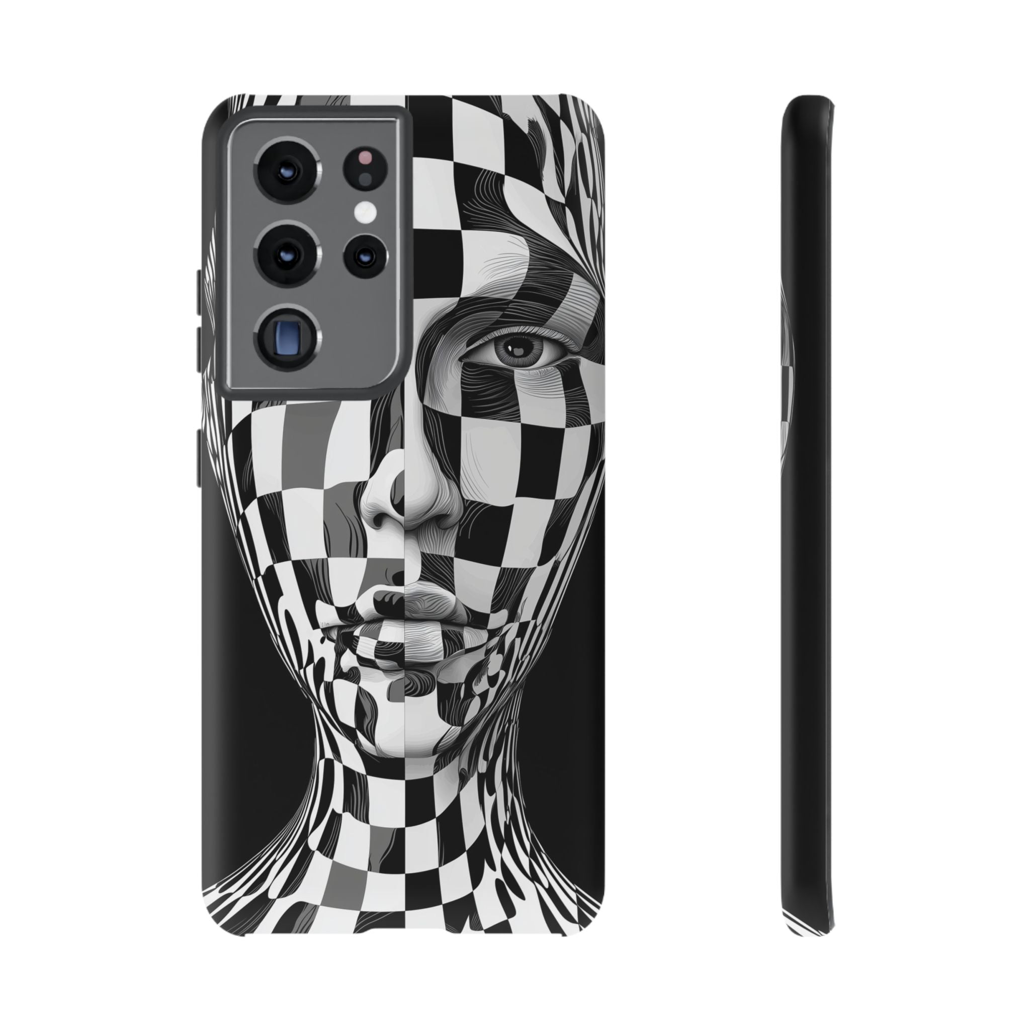 Checkerboard Face Tough Samsung Galaxy Case — Black & White Surreal Art Protective Cover