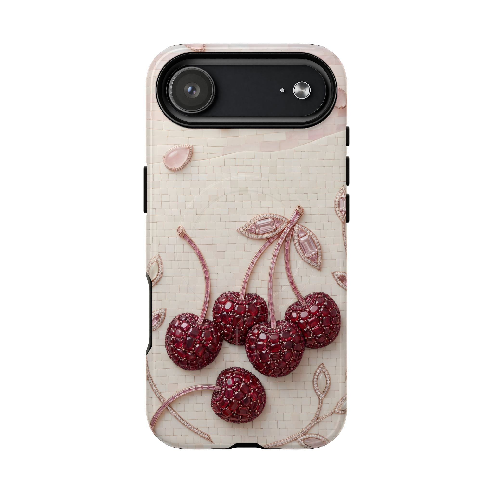 Cherry Embroidery MagSafe iPhone Case | Glitter Red Cherries Pattern