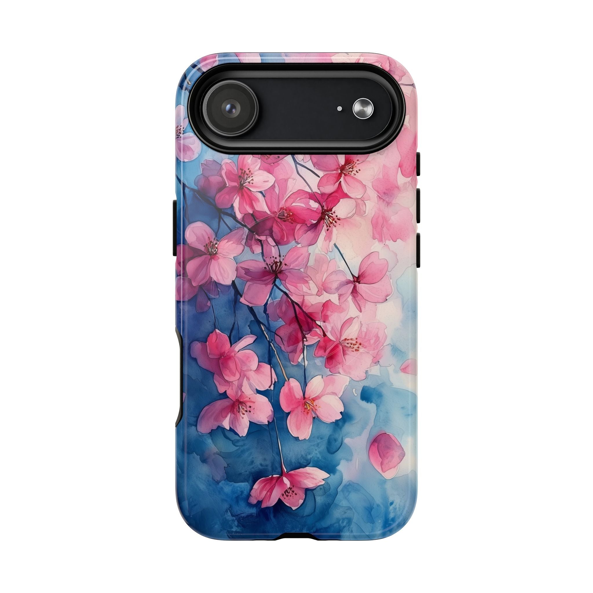 Custodia MagSafe per iPhone con motivo floreale di ciliegio in fiore | Acquerello rosa e blu