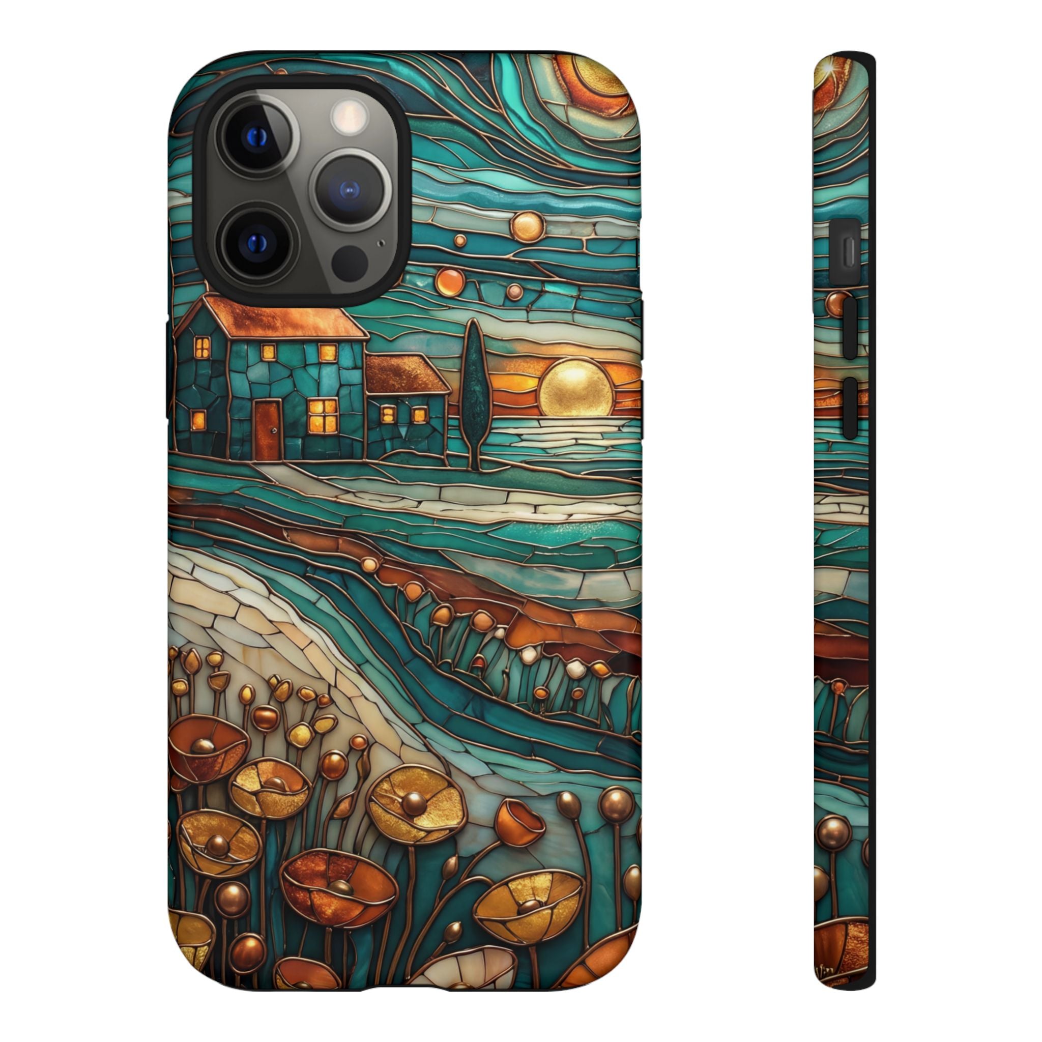 Artistic Sunset Cottage iPhone Case | Whimsical Floral Landscape Protective Cover