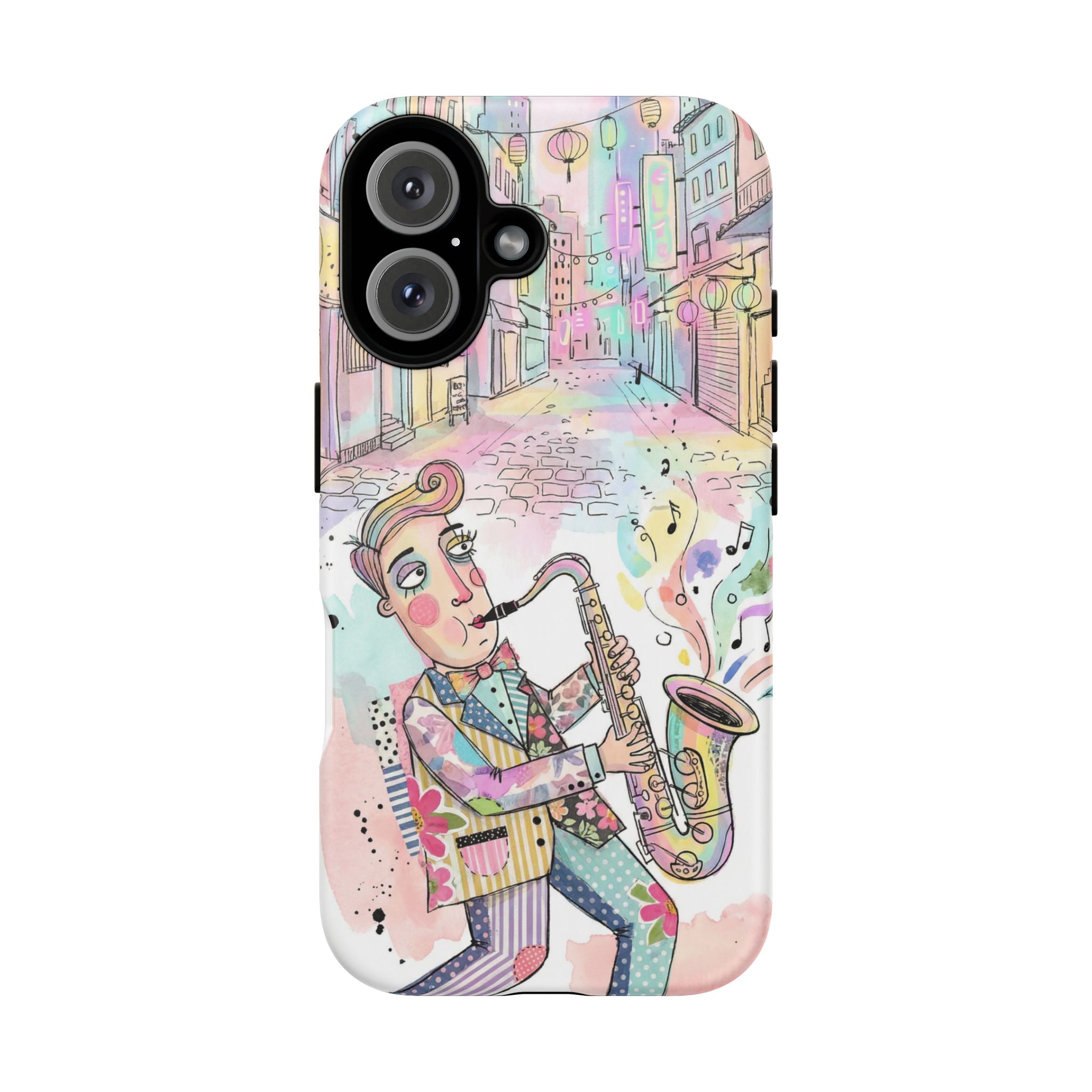Sax Player Art iPhone Case | Pastel Jazz Street Illustration