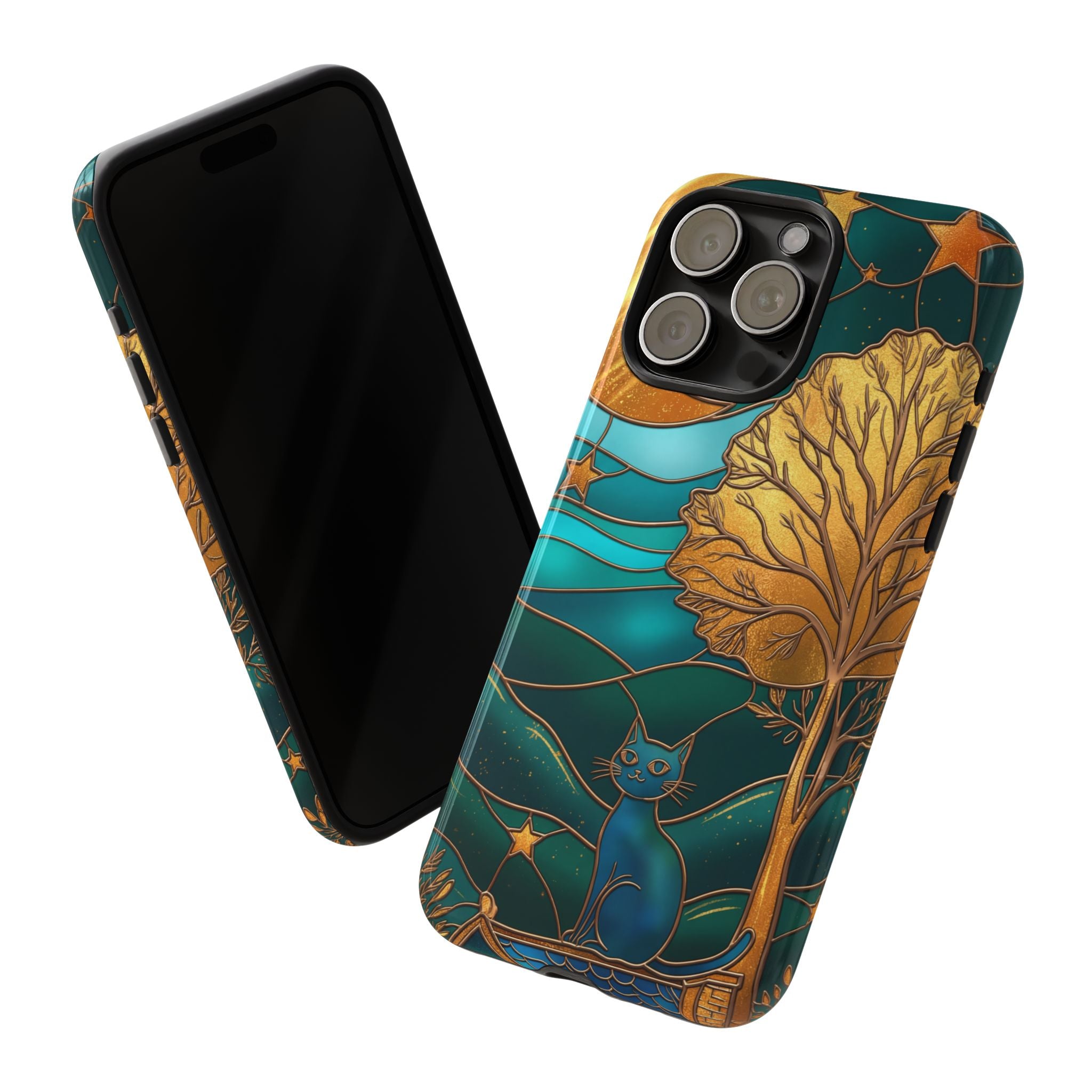 Stained Glass Cat Tough iPhone Case — Gold Tree & Starry Night Design