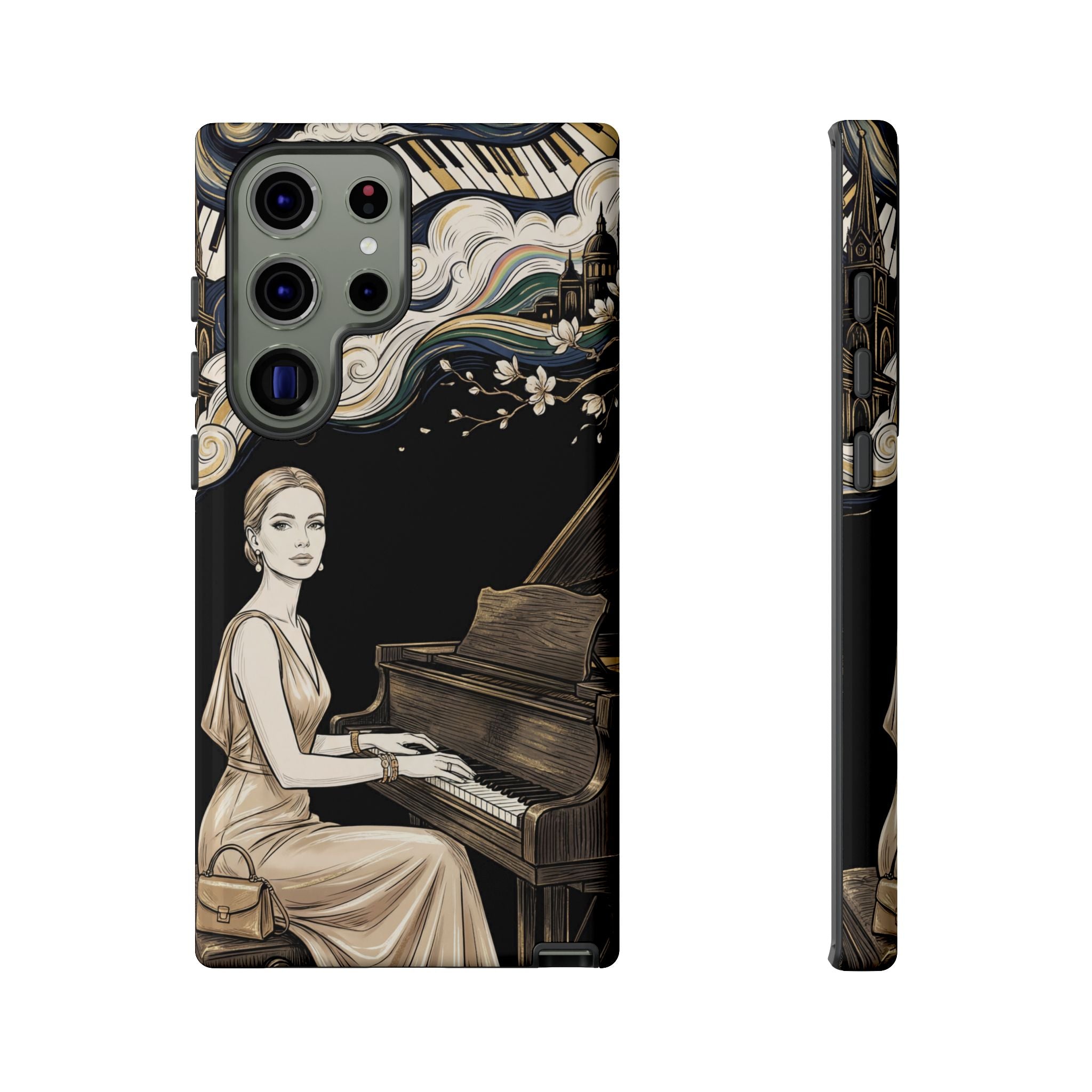 Elegant Piano Woman Samsung Galaxy Phone Case | Vintage Art Deco Music Design