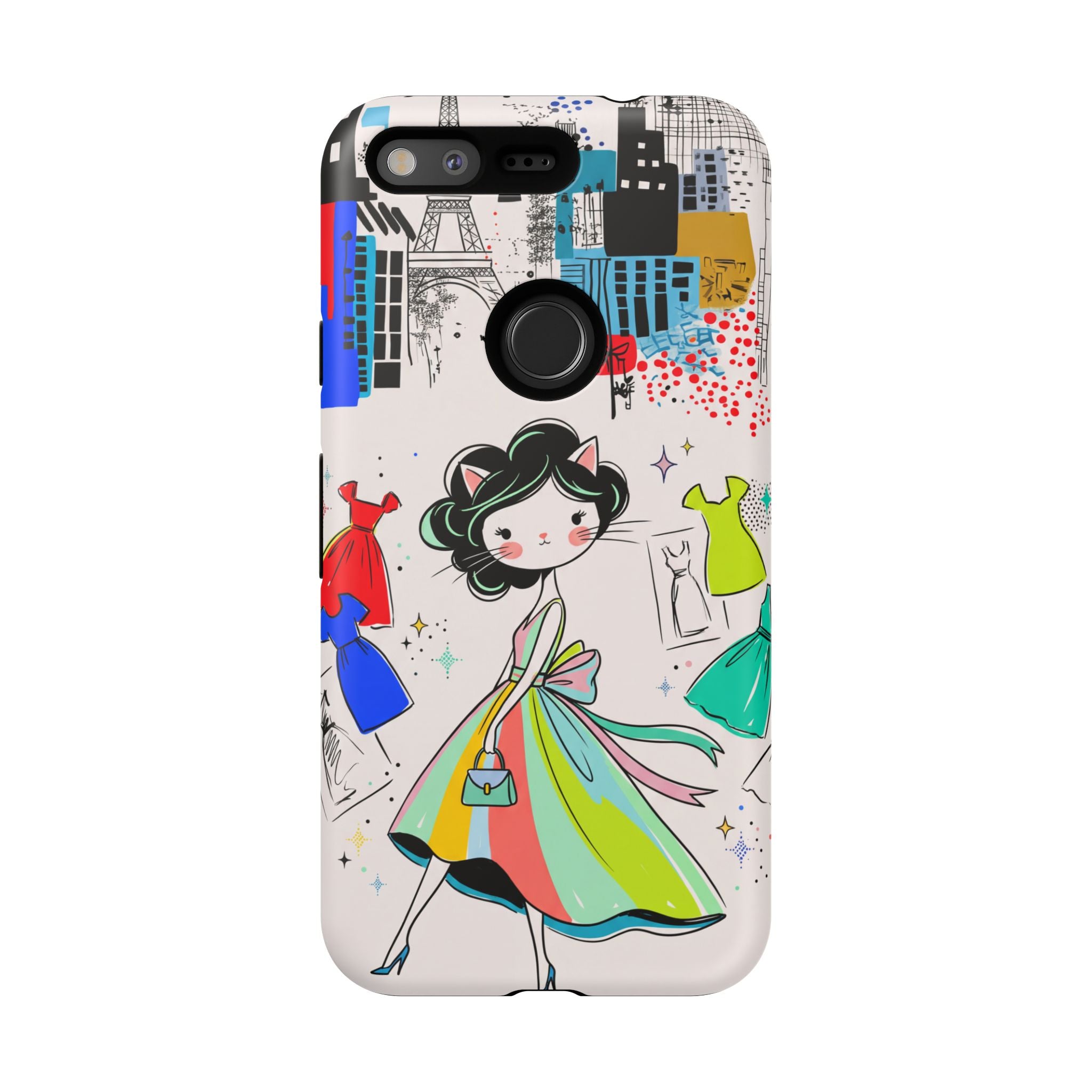 Retro Fashion Cat Girl Google Pixel Phone Case | Cute Dress & City Print