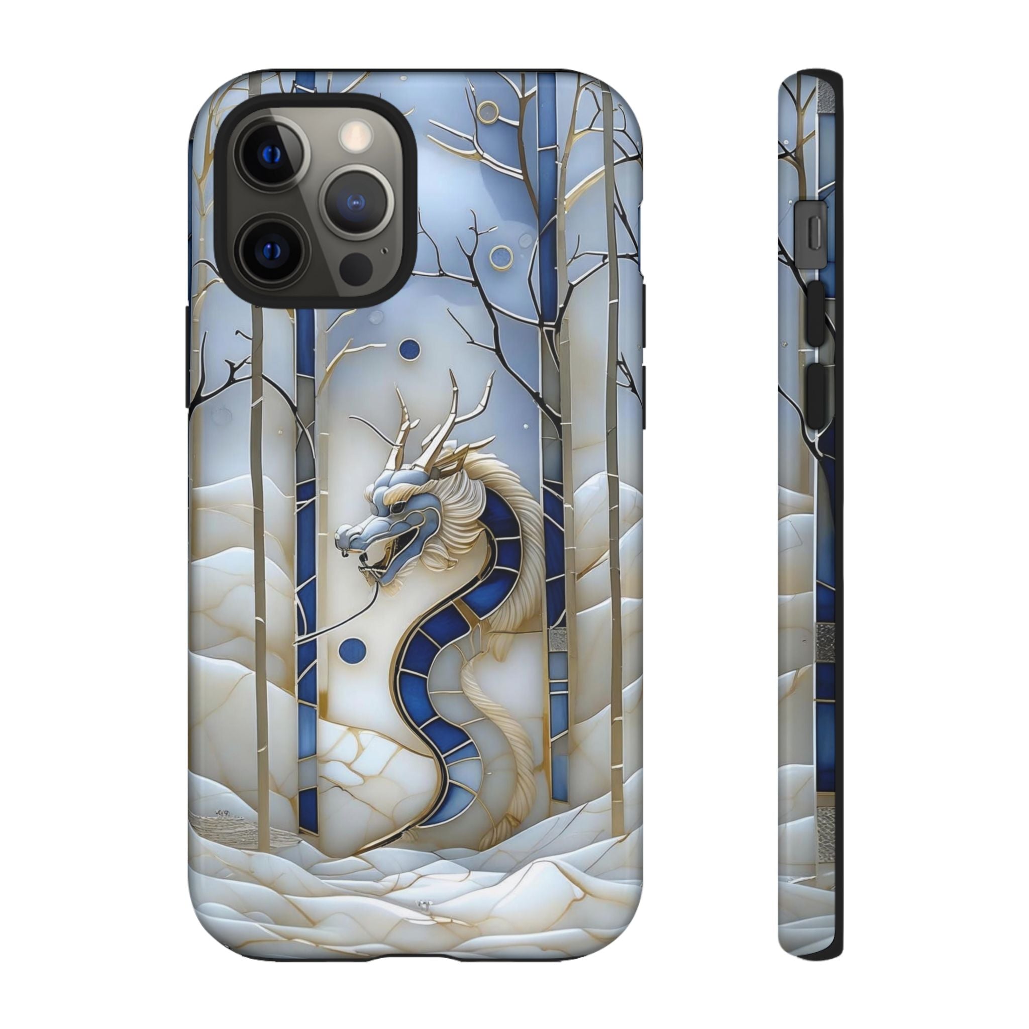 Dragon Stained Glass iPhone Case — Blue Winter Forest Protective Cover