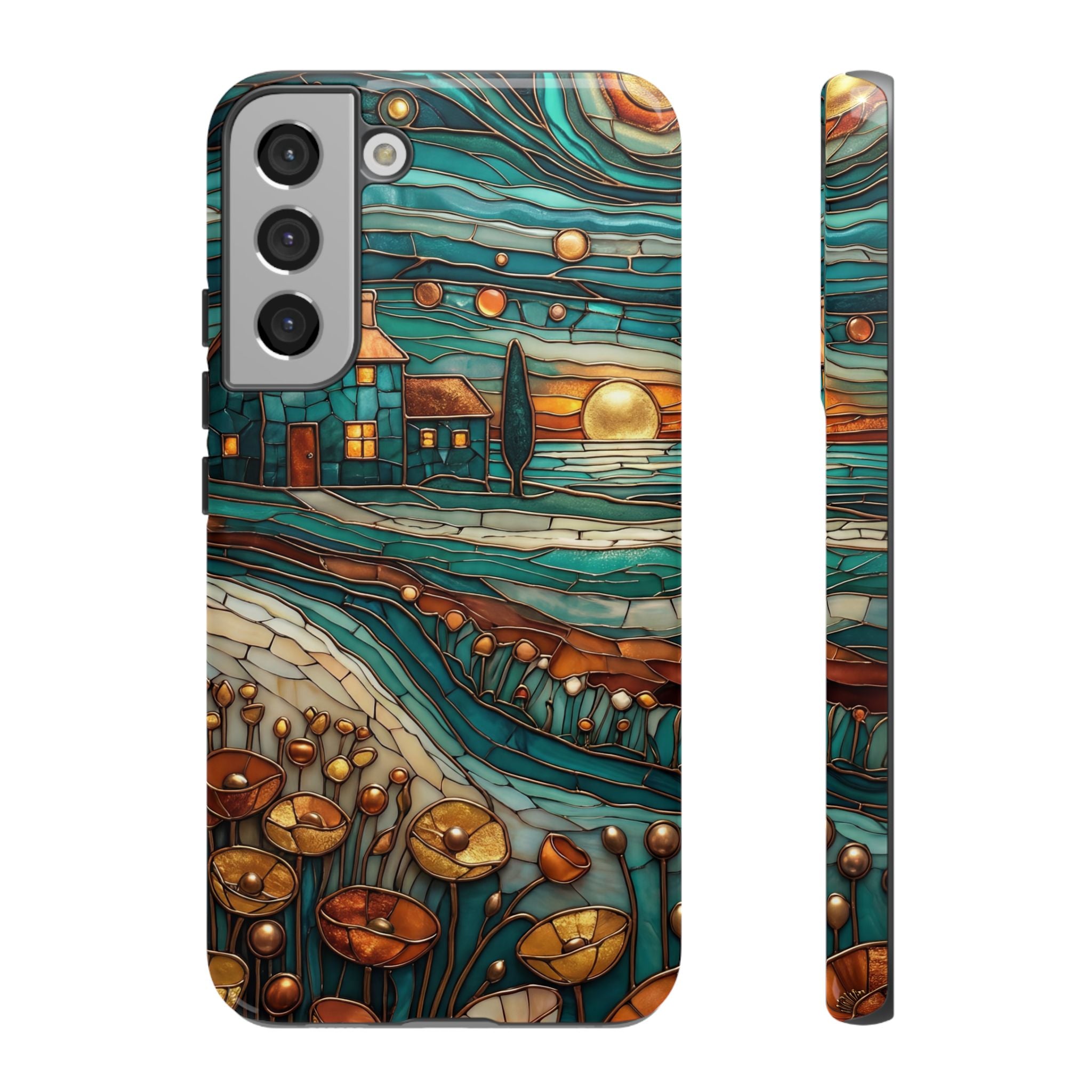 Artistic Sunset Cottage Samsung Galaxy Case | Whimsical Floral Landscape Protective Cover
