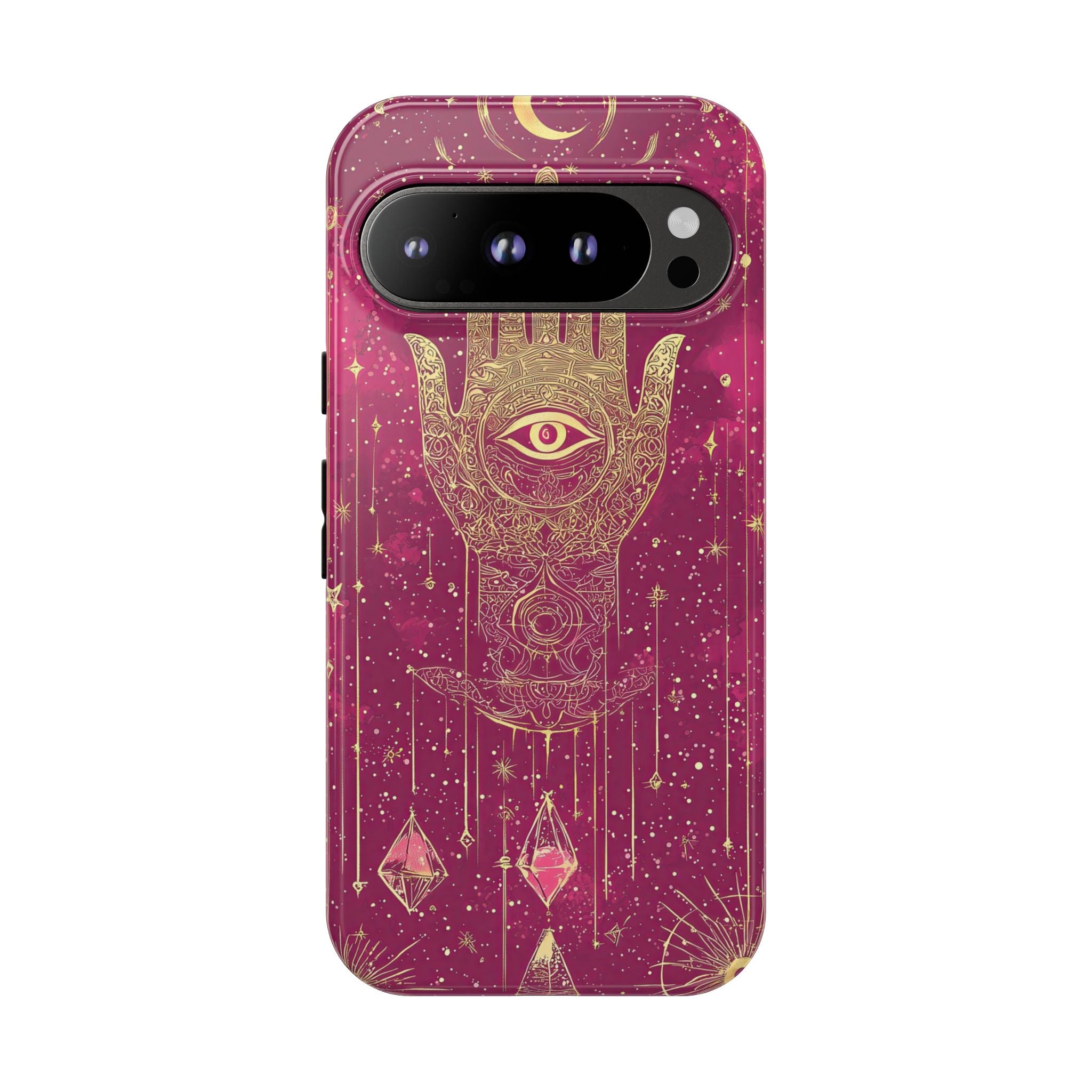 Mystic Hamsa Google Pixel Case | Gold Palm & All-Seeing Eye on Magenta Galaxy