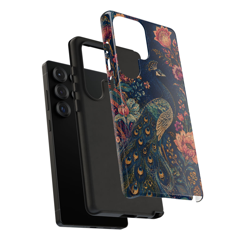 Peacock Floral Tough Samsung Galaxy Phone Case | Antique Indigo Gold Art Cover