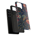 Peacock Floral Tough Samsung Galaxy Phone Case | Antique Indigo Gold Art Cover