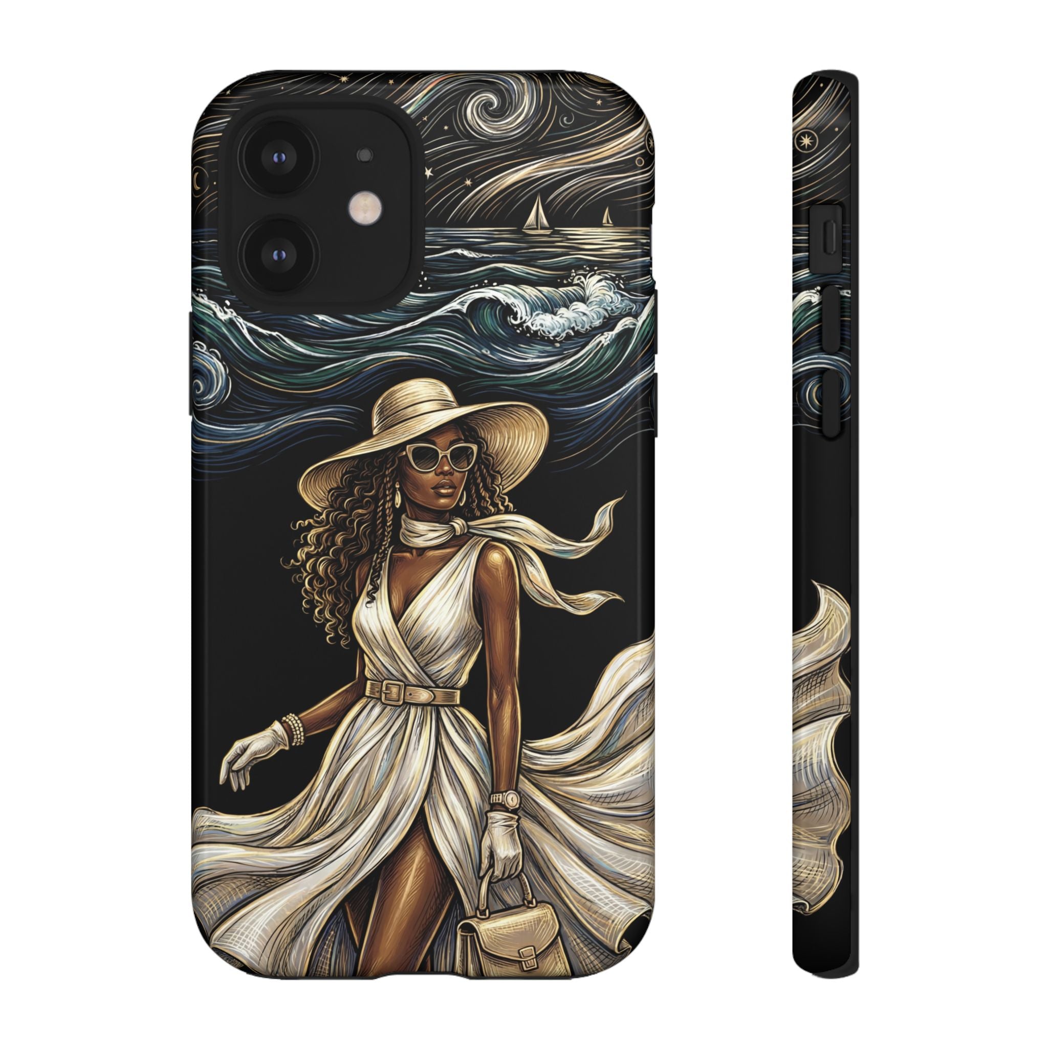 iPhone Case | Elegant Black Woman in Flowing Dress by the Sea