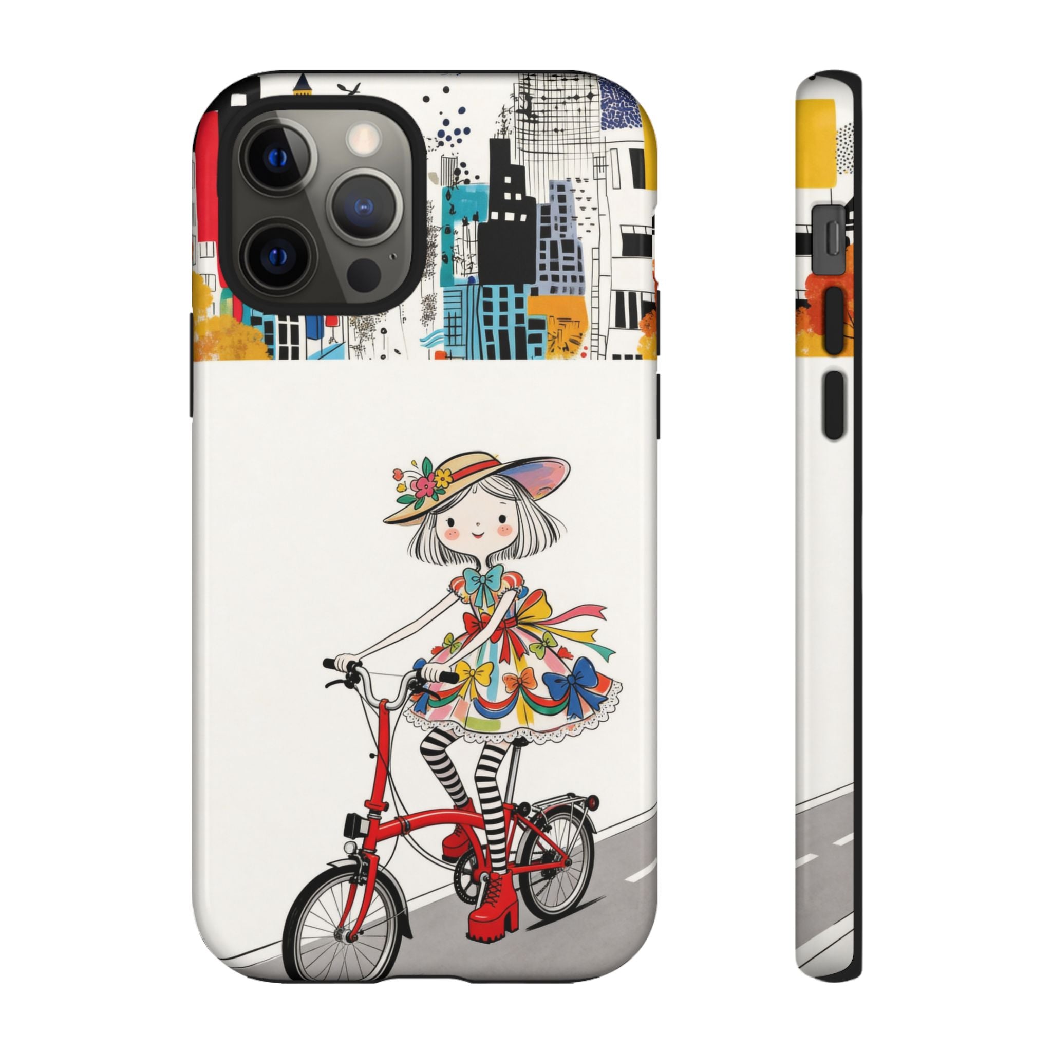 Whimsical Girl on Brompton Bicycle Urban Illustration iPhone Case