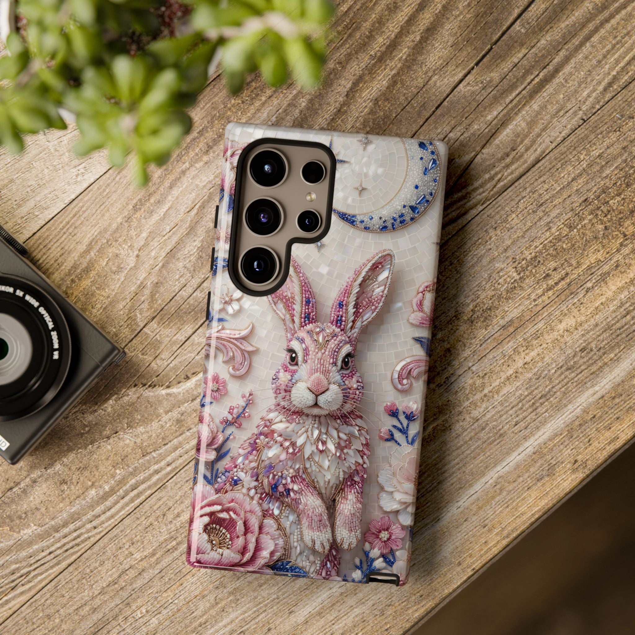 Floral Moon Rabbit Tough Samsung Galaxy Phone Case | Pink Boho Bunny Protective Cover