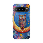 Owl on Crescent Moon Google Pixel Case — Colourful Whimsical Night Sky Design