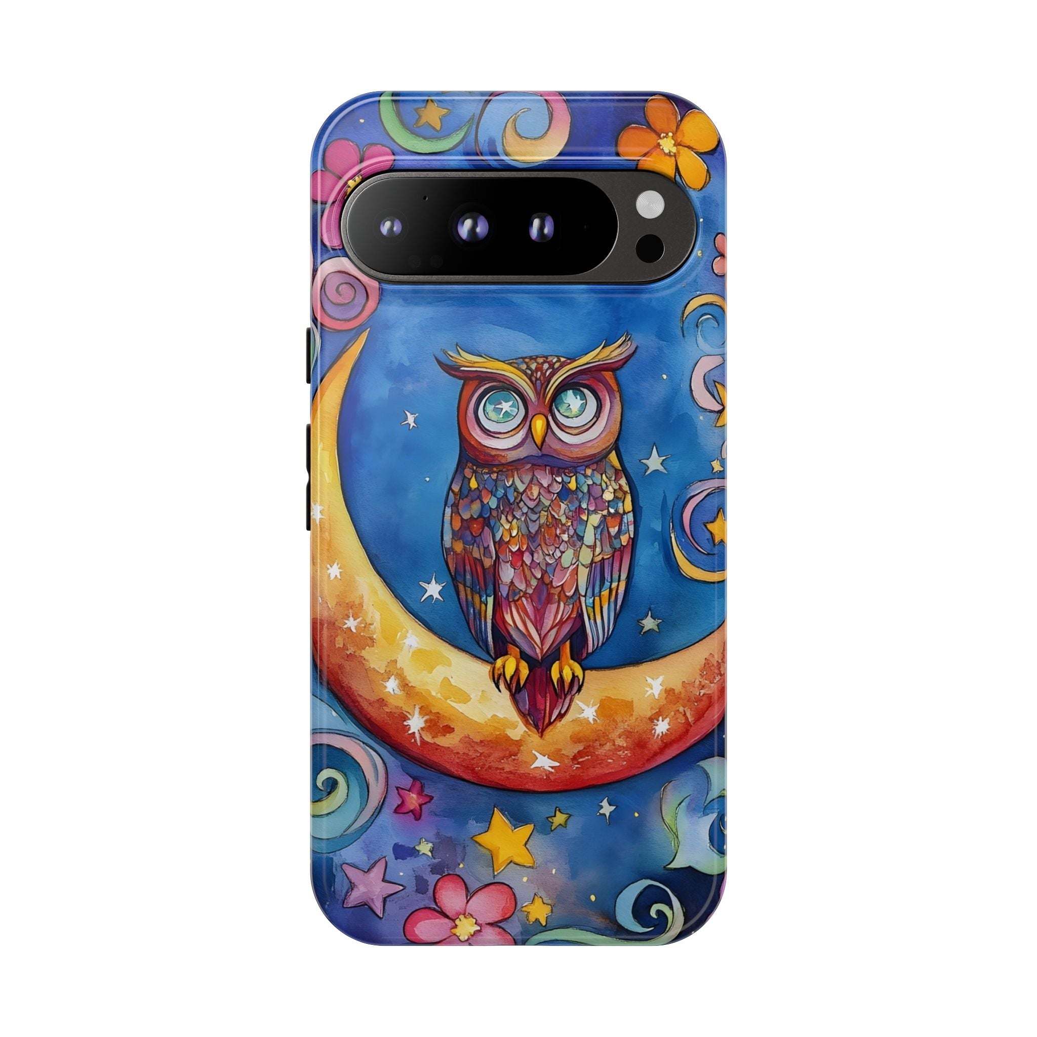 Owl on Crescent Moon Google Pixel Case — Colourful Whimsical Night Sky Design