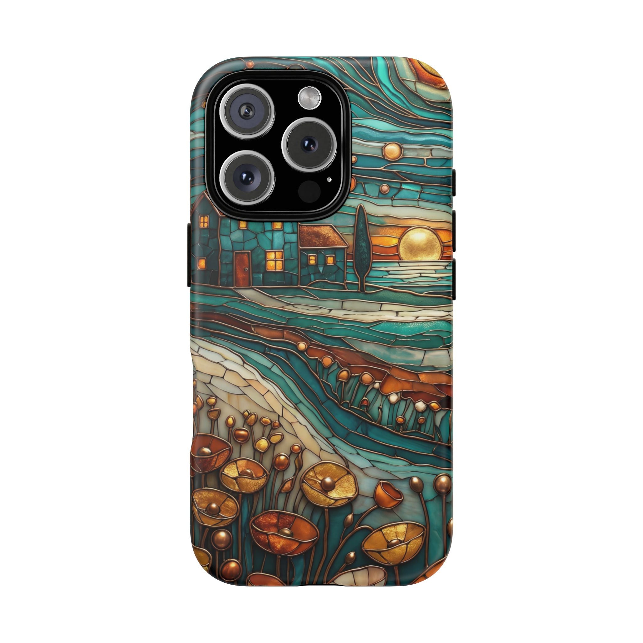 Artistic Sunset Cottage iPhone Case | Whimsical Floral Landscape Protective Cover