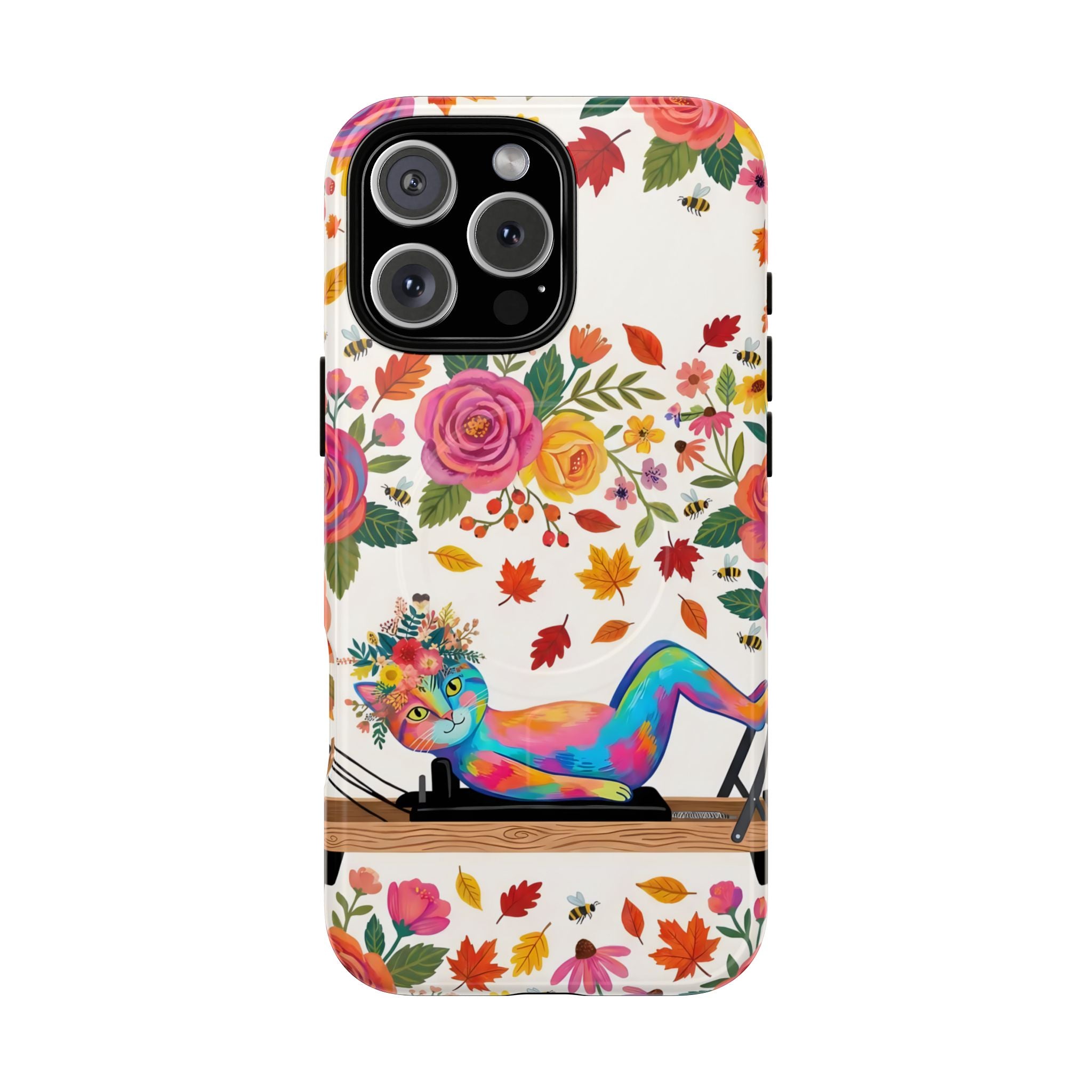 Autumn Floral Pilates MagSafe iPhone Case | Colorful Rainbow Pilates Cat on Falling Leaves