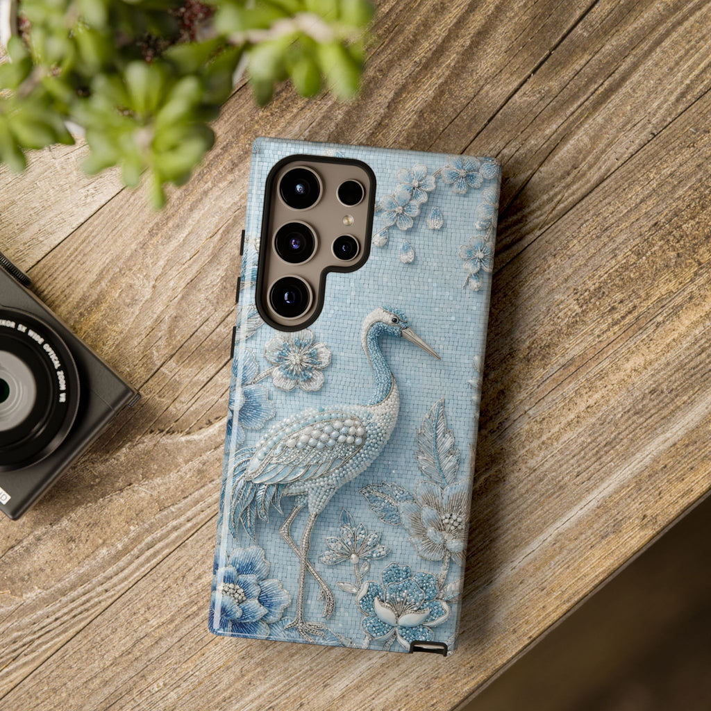 Blue Crane Floral Samsung Galaxy Phone Case | Vintage Embossed Bird Design