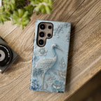 Blue Crane Floral Samsung Galaxy Phone Case | Vintage Embossed Bird Design