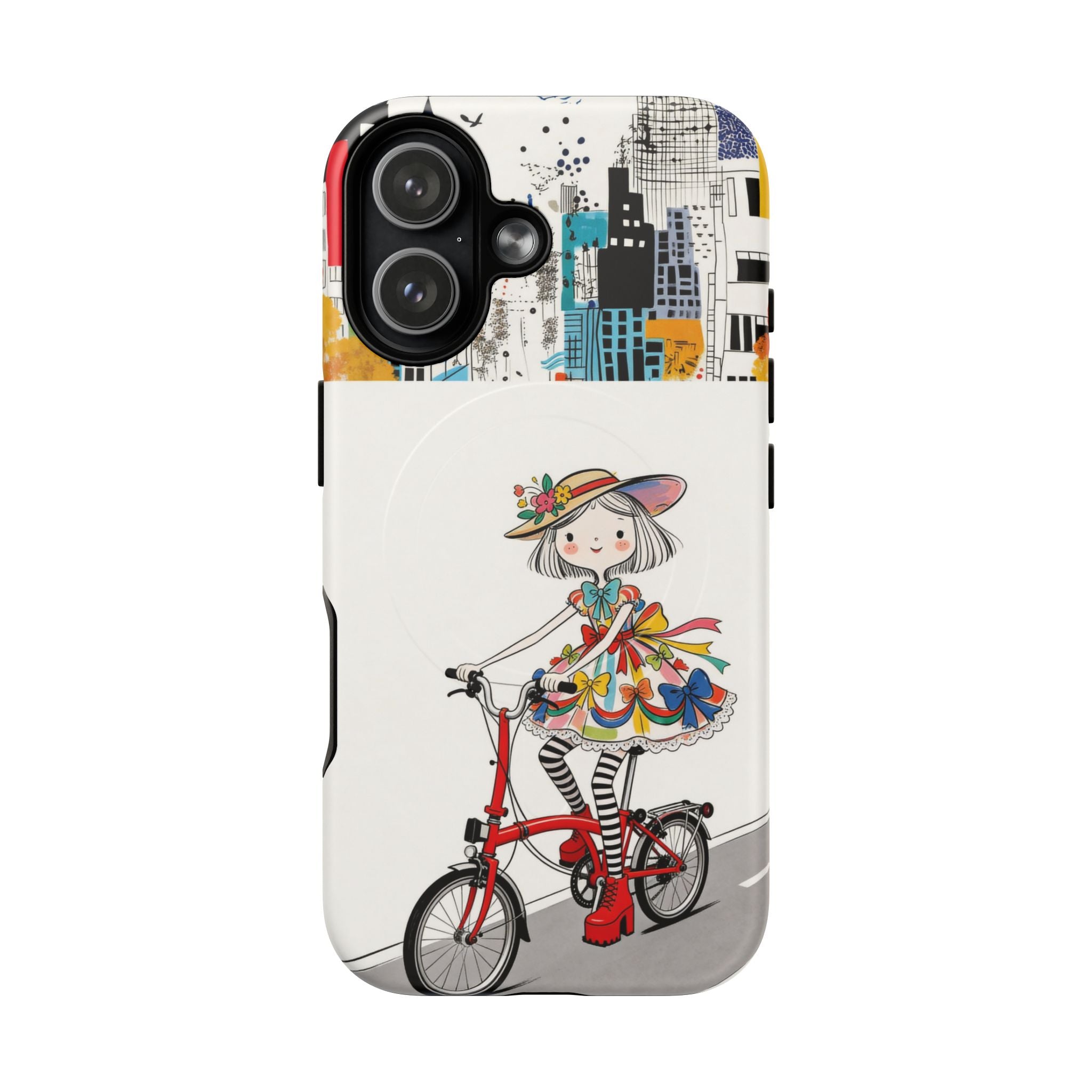 Whimsical Girl on Brompton Bicycle Urban Illustration MagSafe iPhone Case