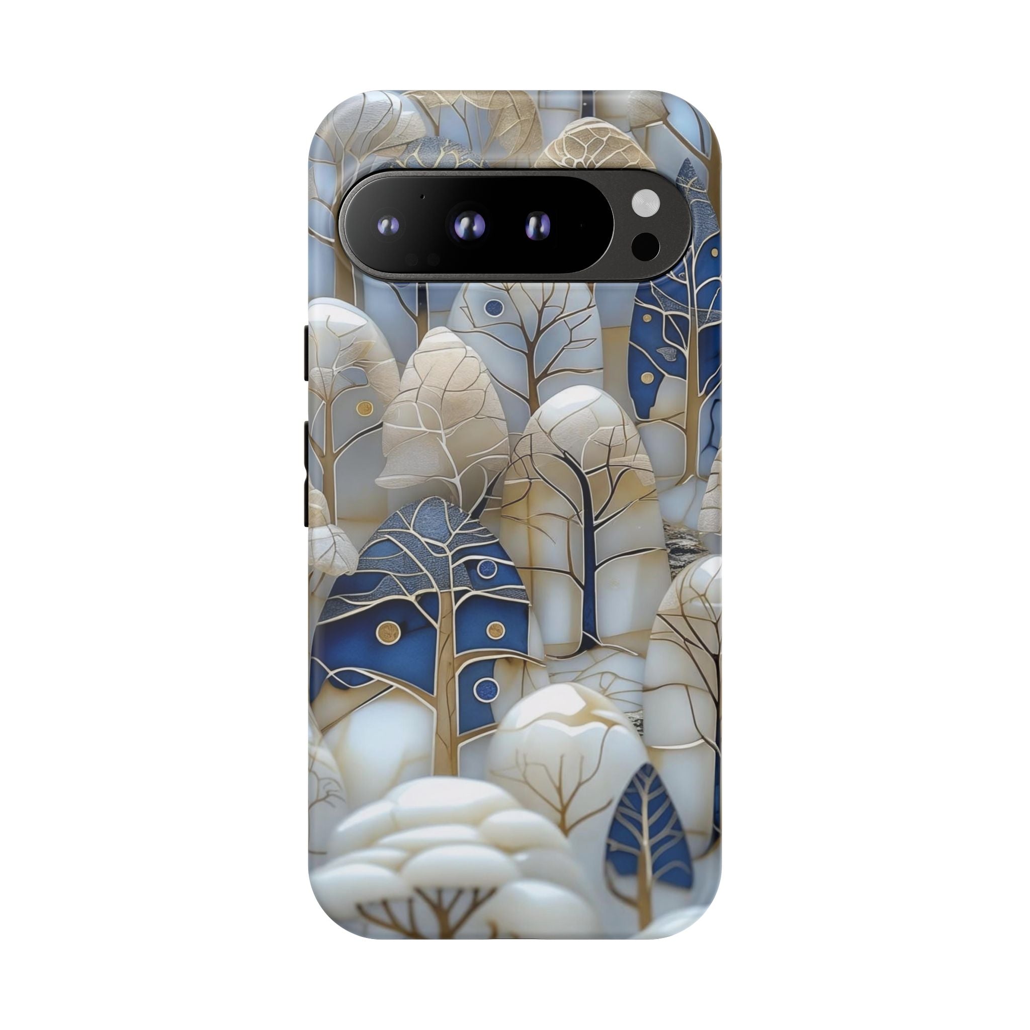 Blue Gold Winter Forest Google Pixel Case — Elegant Tree Pattern Tough Case