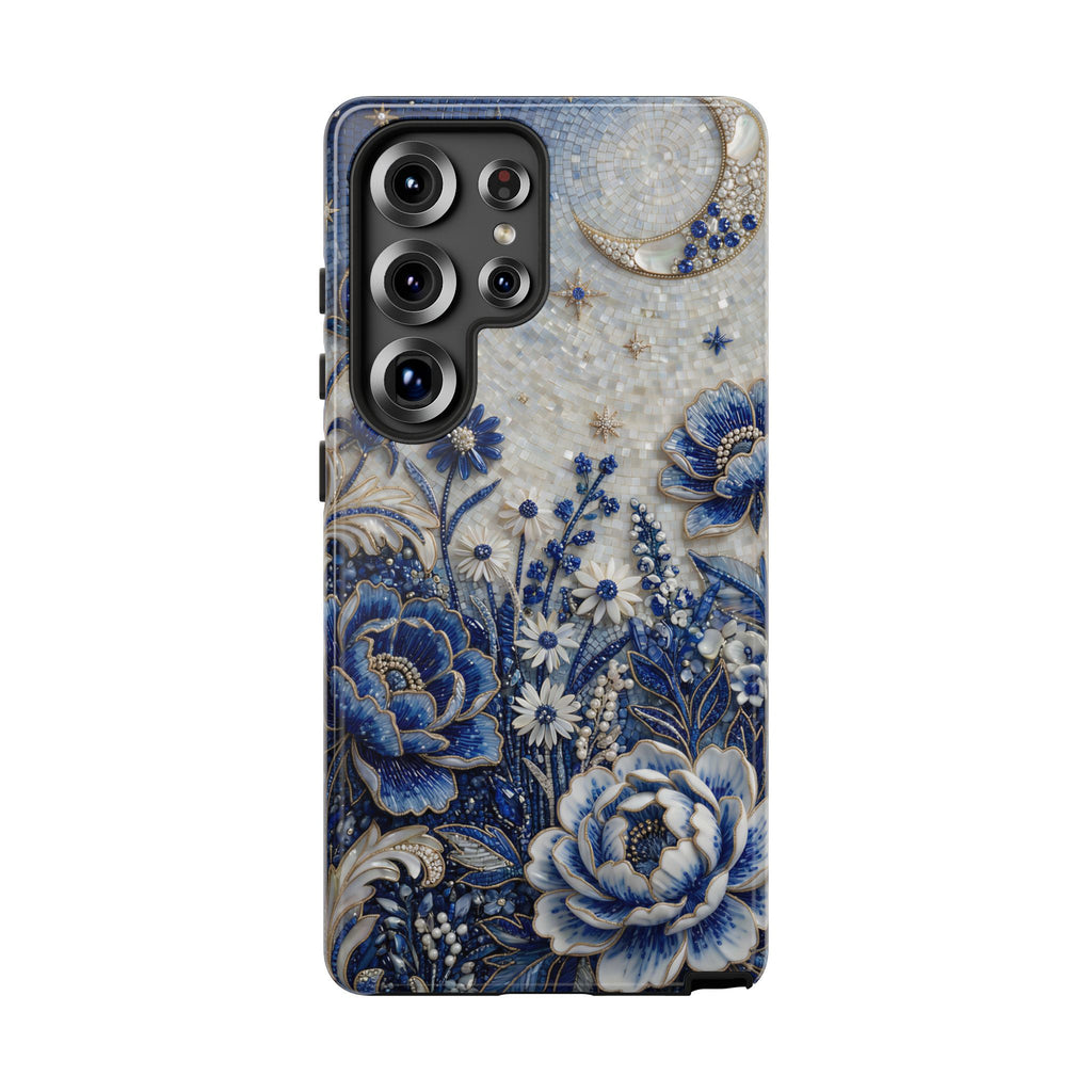 Blue Floral Moon Samsung Galaxy Phone Case | Vintage Botanical Night Sky Protective Case