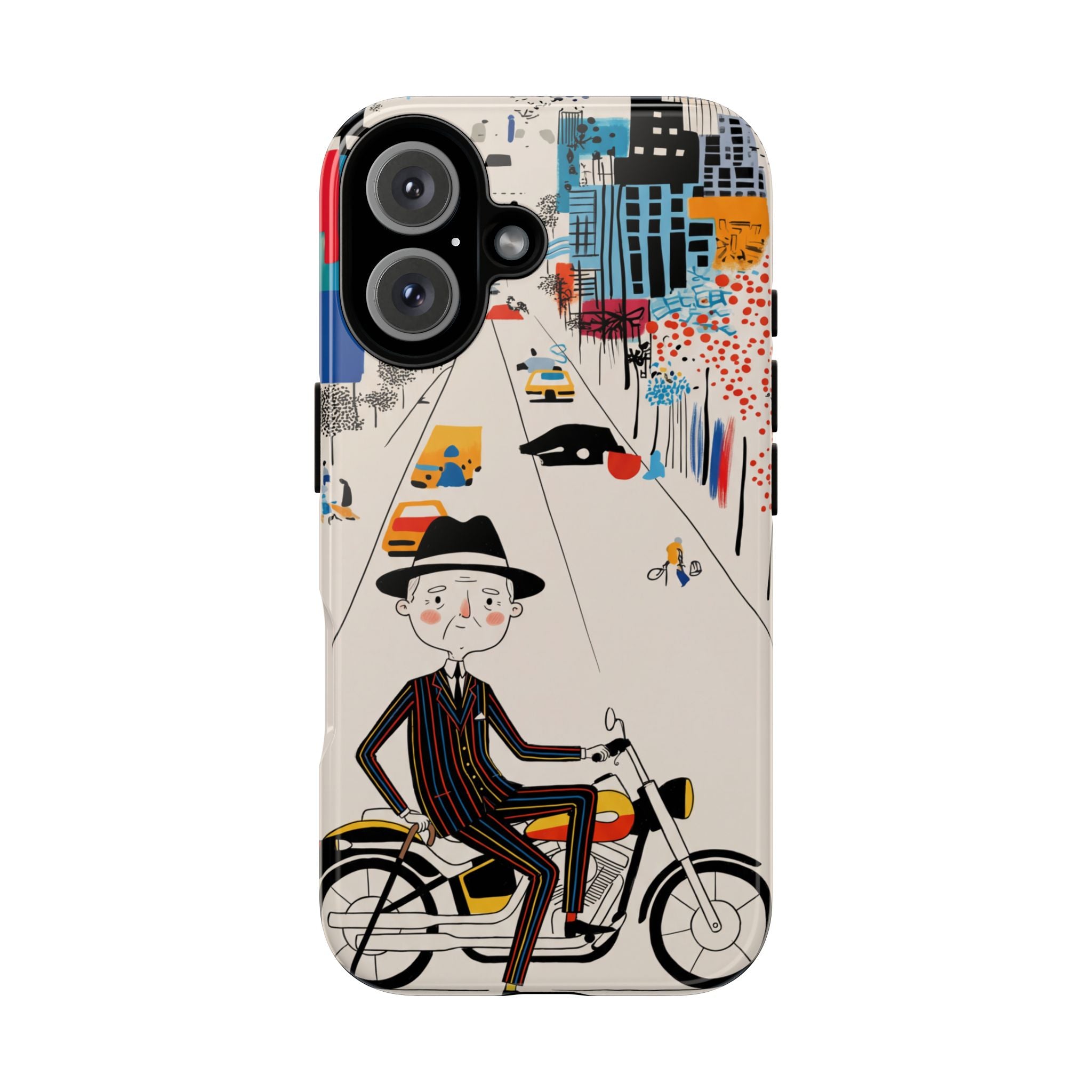 Vintage Grandpa Rider Motorcycle iPhone Case | Illustrated Cityscape
