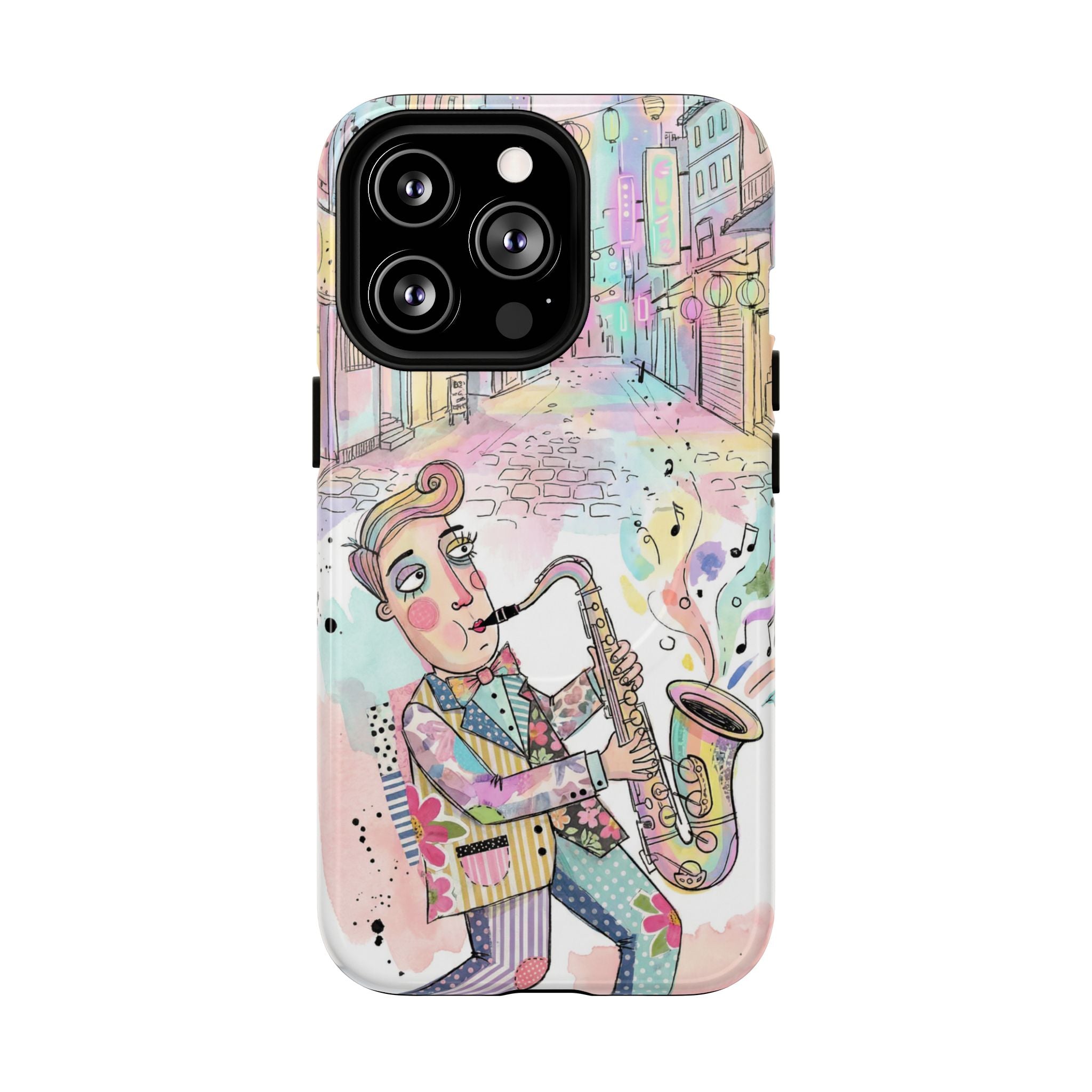 Sax Player Art MagSafe iPhone Case | Pastel Jazz Street Illustration