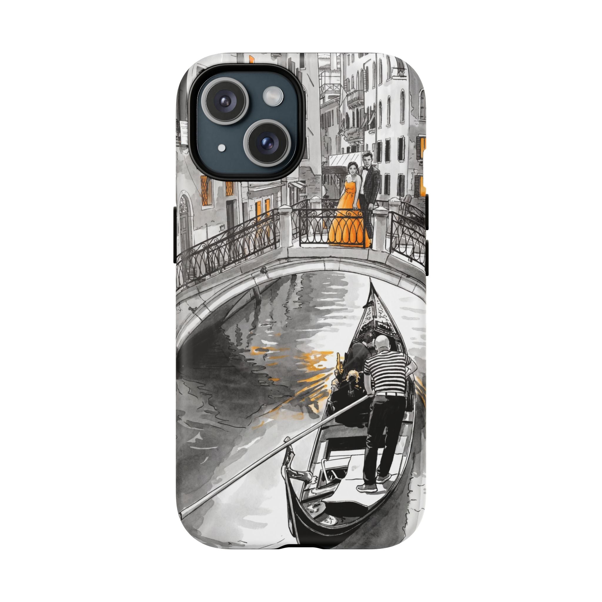 Custodia per iPhone Gondola di Venezia | Custodia MagSafe resistente con motivo schizzo in bianco e nero e dettagli dorati