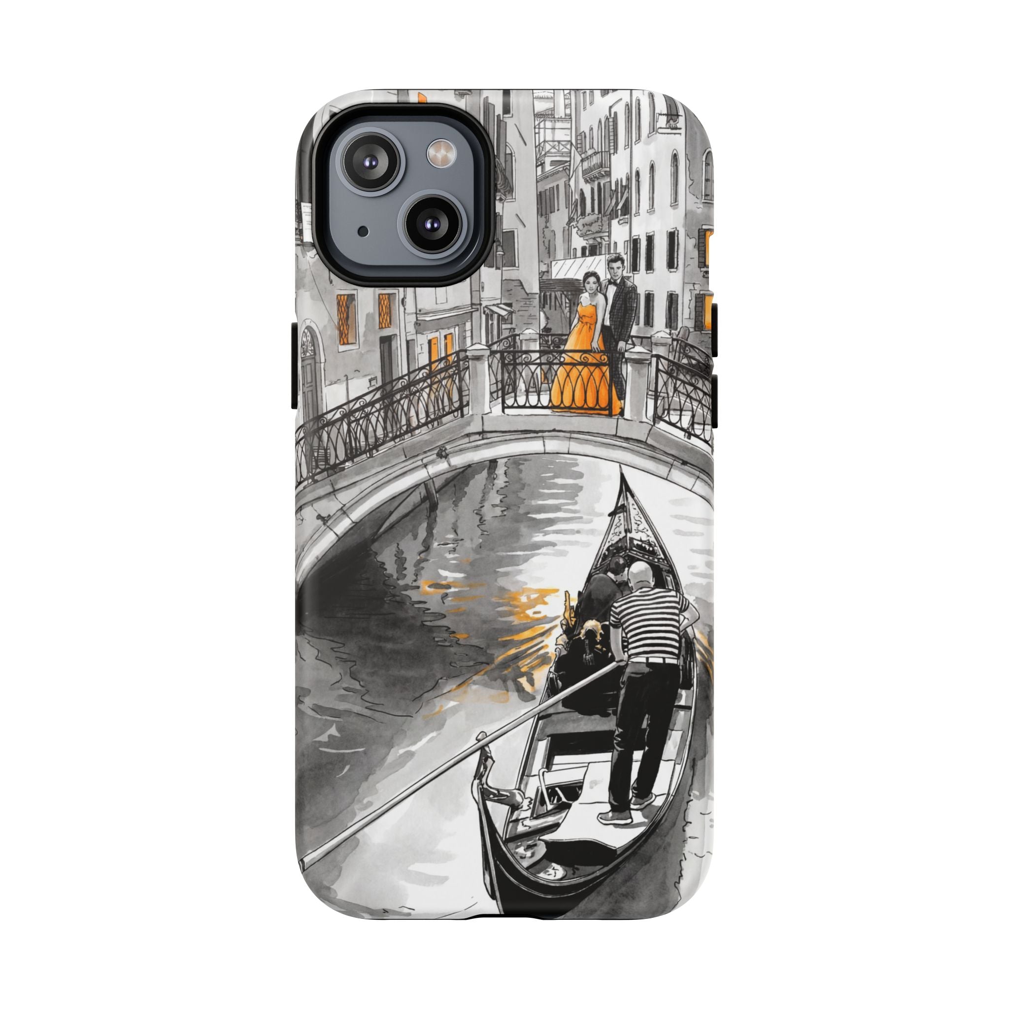Custodia per iPhone Gondola di Venezia | Custodia MagSafe resistente con motivo schizzo in bianco e nero e dettagli dorati