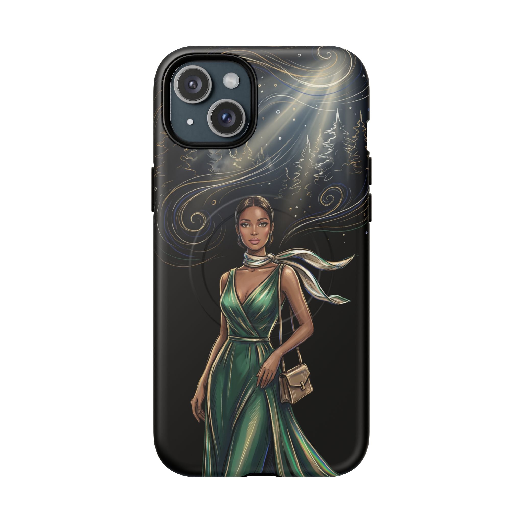 Elegant Woman in Green Dress Art Protective Tough MagSafe iPhone Case