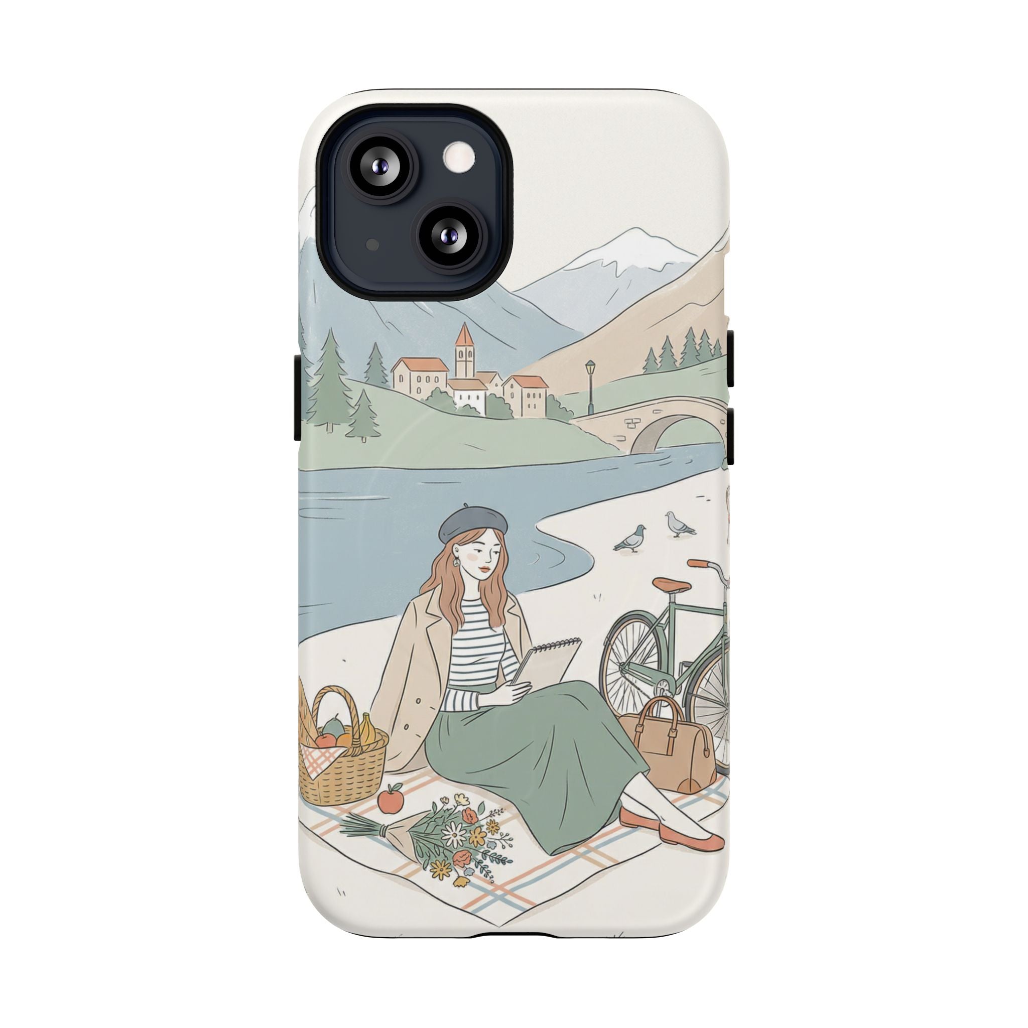 Scenic Picnic MagSafe iPhone Case | Vintage Bicycle & Mountain Illustration