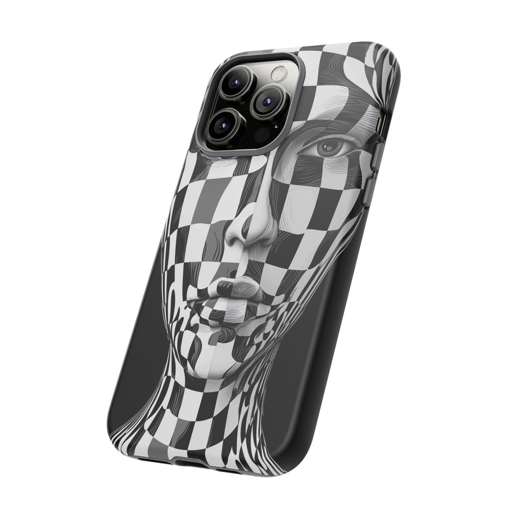 Checkerboard Face Tough iPhone Case — Black & White Surreal Art Protective Cover