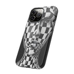 Checkerboard Face Tough iPhone Case — Black & White Surreal Art Protective Cover