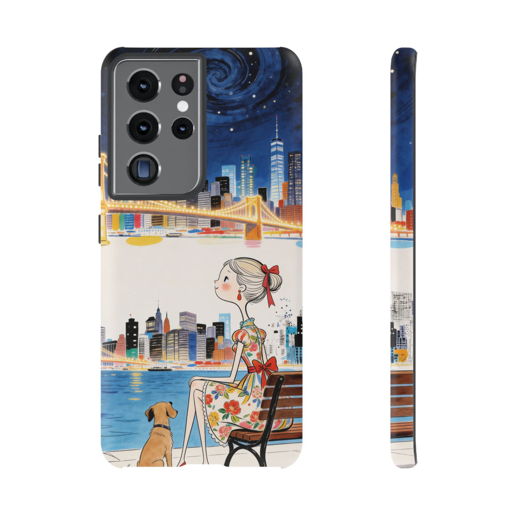 Cover per Samsung Galaxy "City Night" | Illustrazione Ragazza e Cane su Panchina