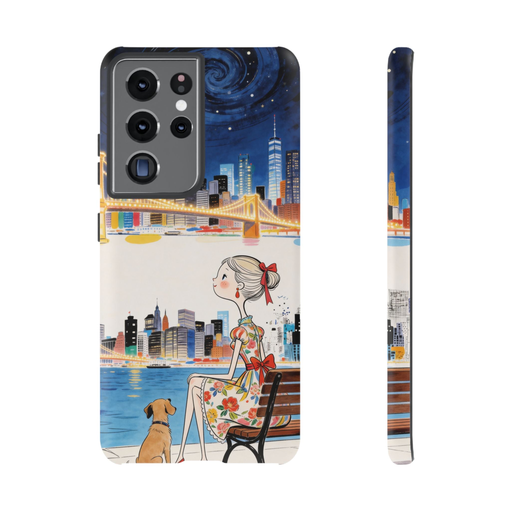 City Night Samsung Galaxy Phone Case | Cute Girl & Dog Bench Illustration