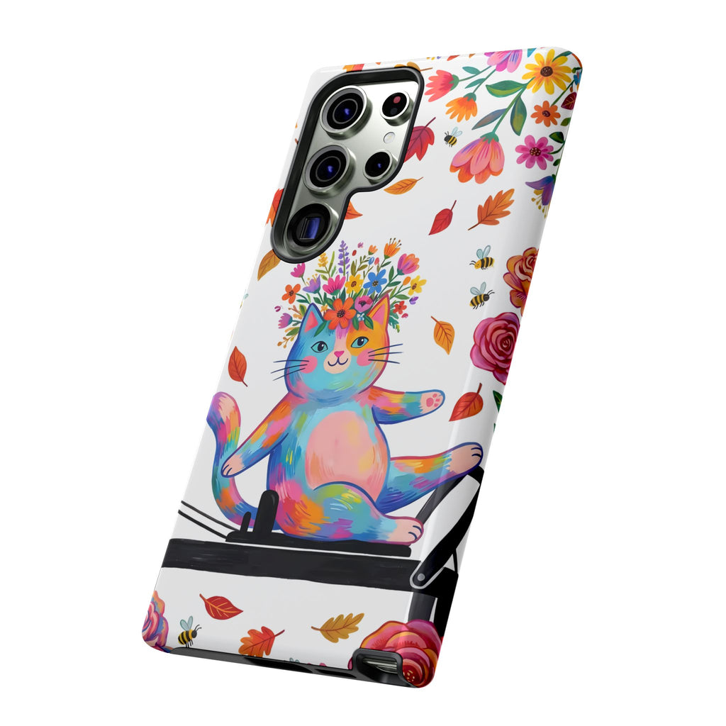 Custodia protettiva Samsung Galaxy per telefono con gatto floreale colorato su reformer Pilates